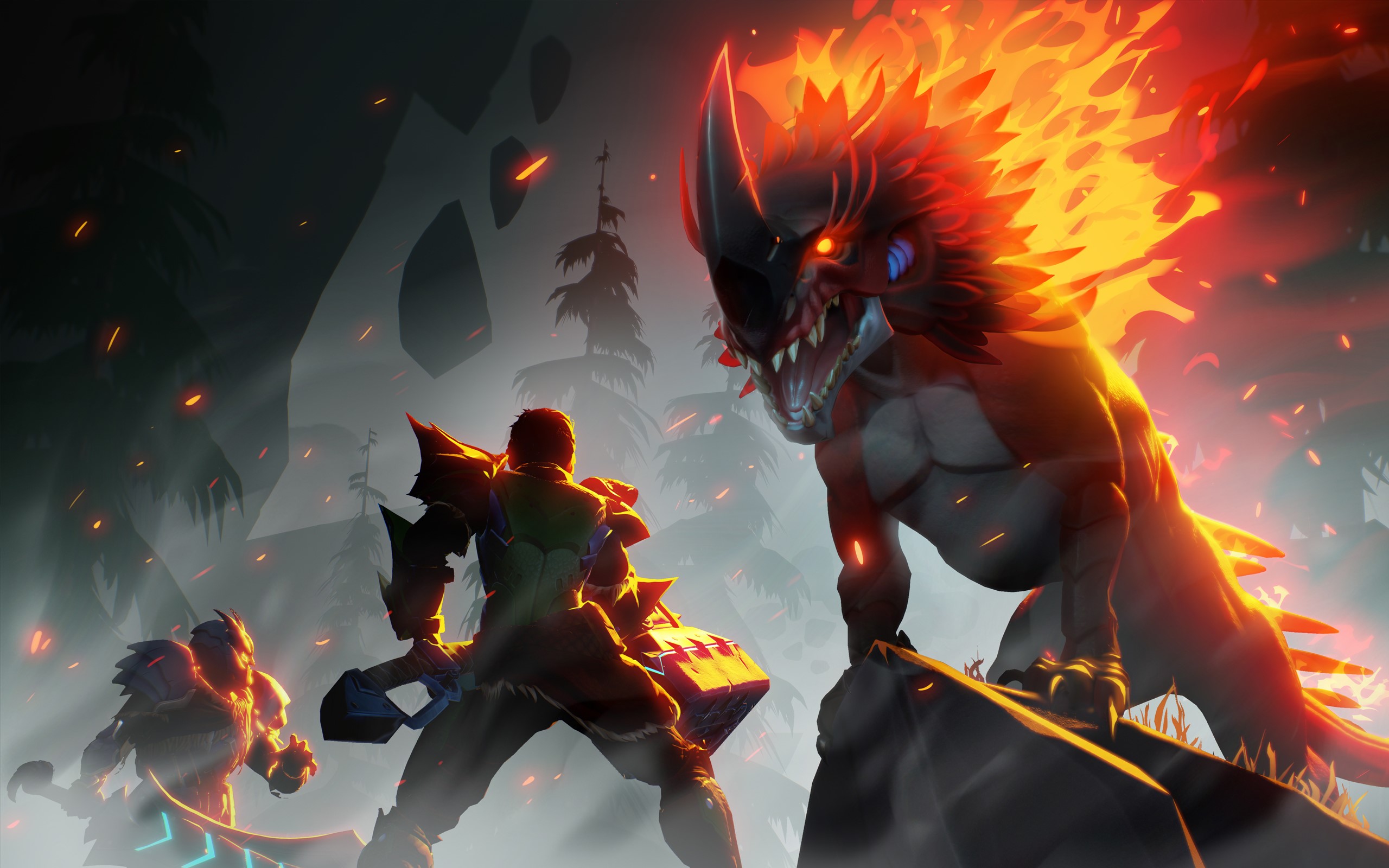 Hunters fighting a fiery behemoth in Dauntless HD Wallpaper