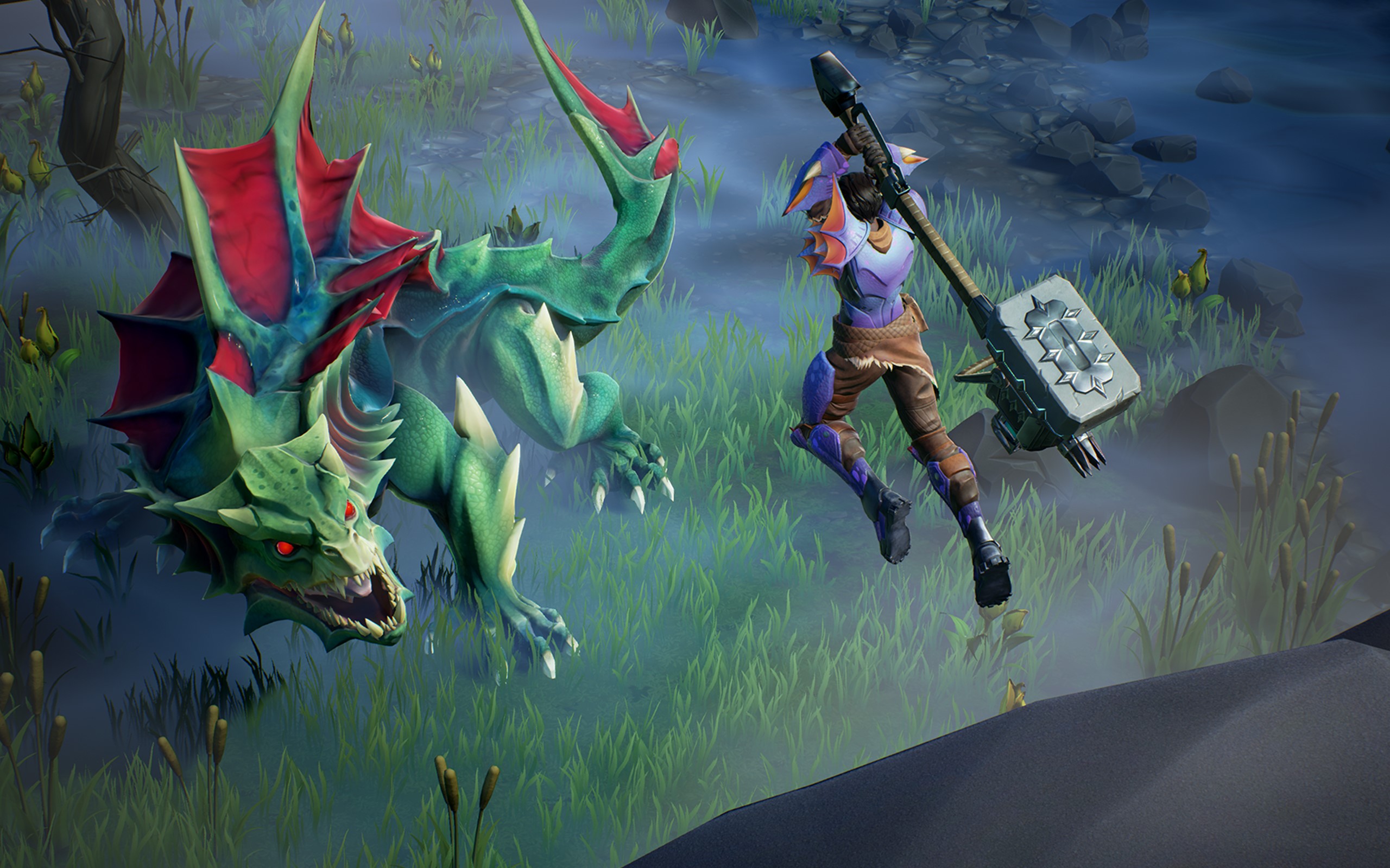 Hunter fighting a green dragon in Dauntless HD Wallpaper