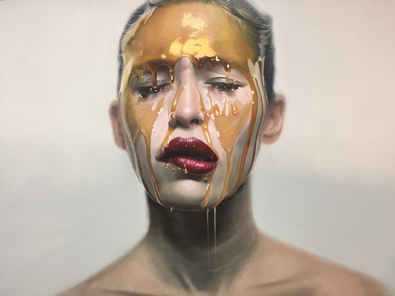 Realistic painting of a woman with honey on her face by Mike Dargas HD Wallpaper