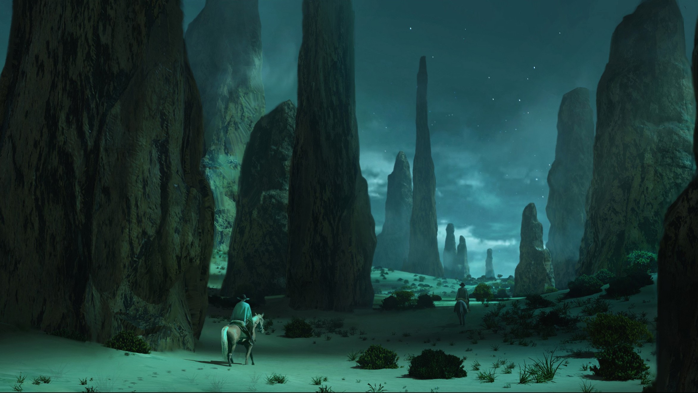 Two cowboys on horseback in a rocky desert landscape at night HD Wallpaper