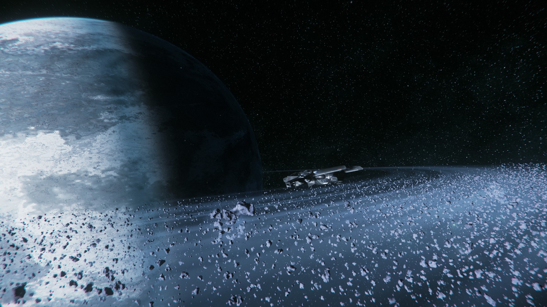 Star Citizen spaceship in asteroid ring near planet HD Wallpaper