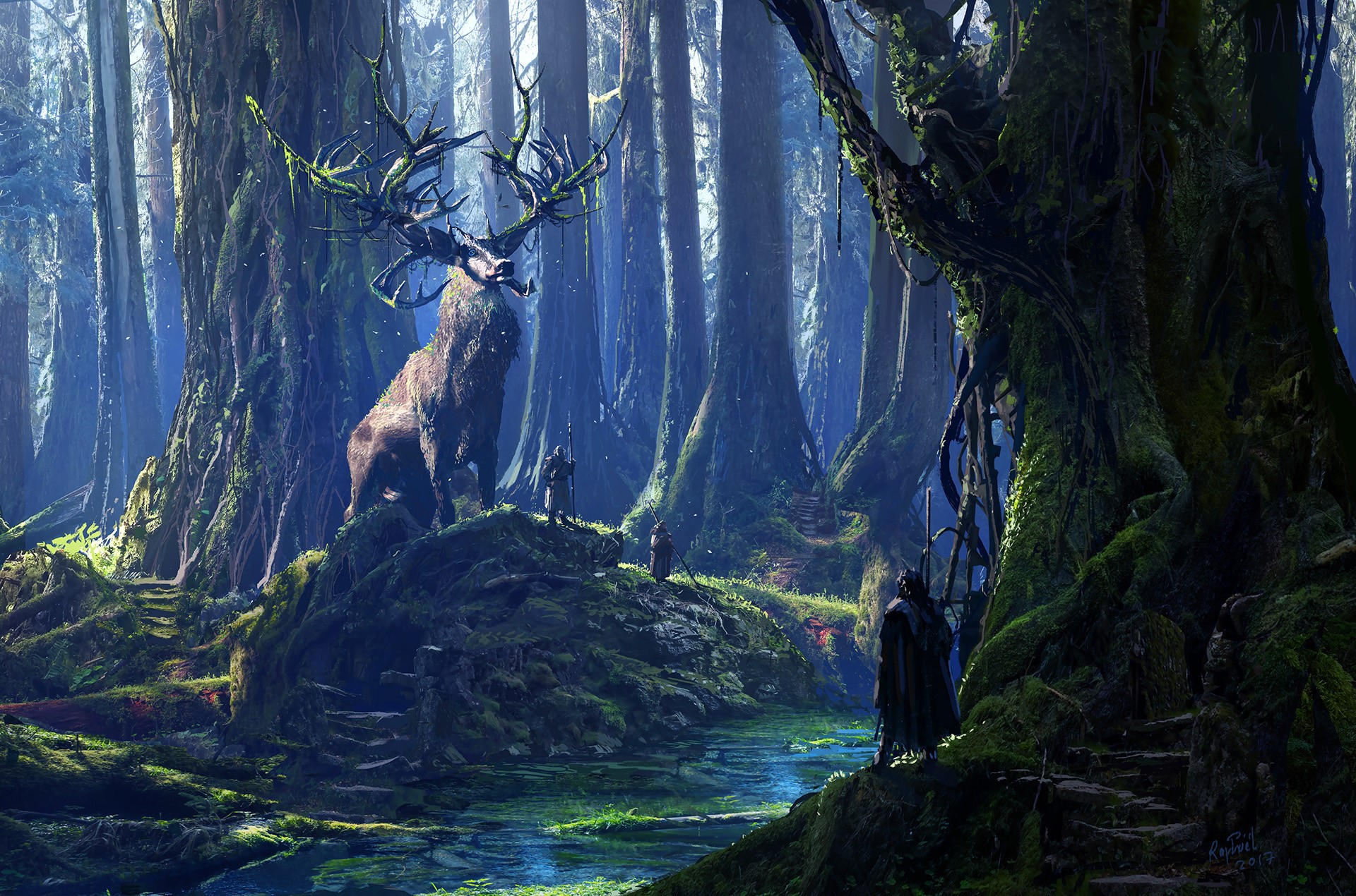 Fantasy forest with a giant stag and figures HD Wallpaper