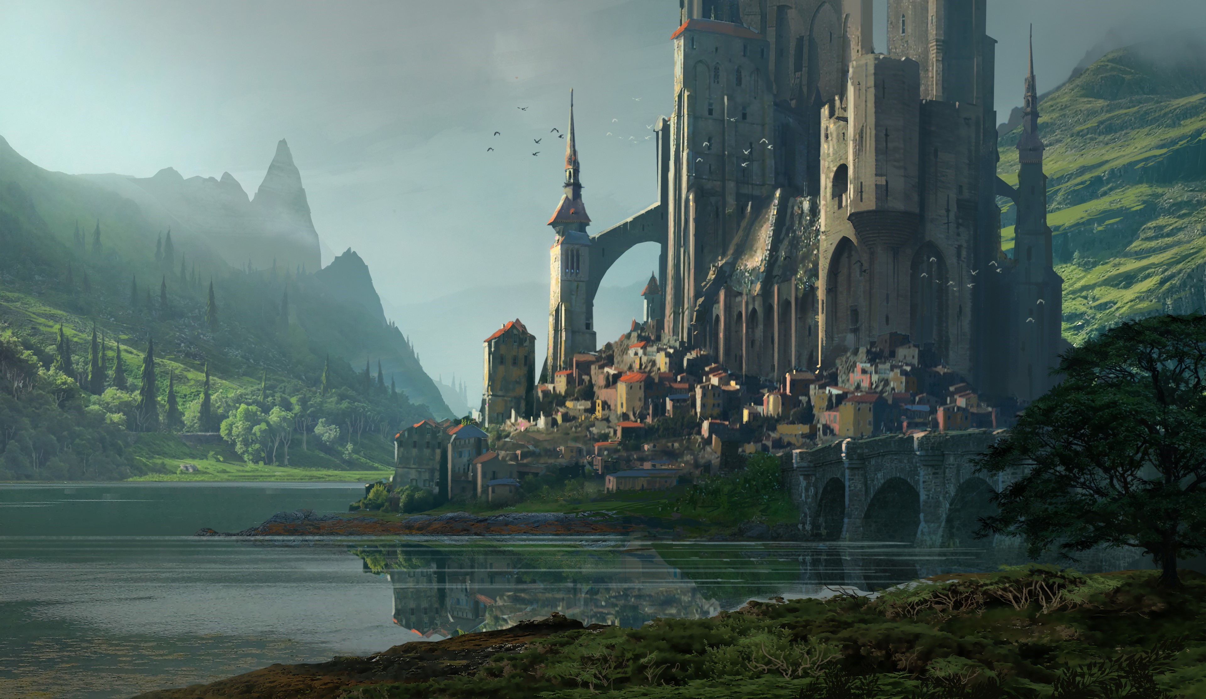 Fantasy castle town by Raphael Lacoste HD Wallpaper
