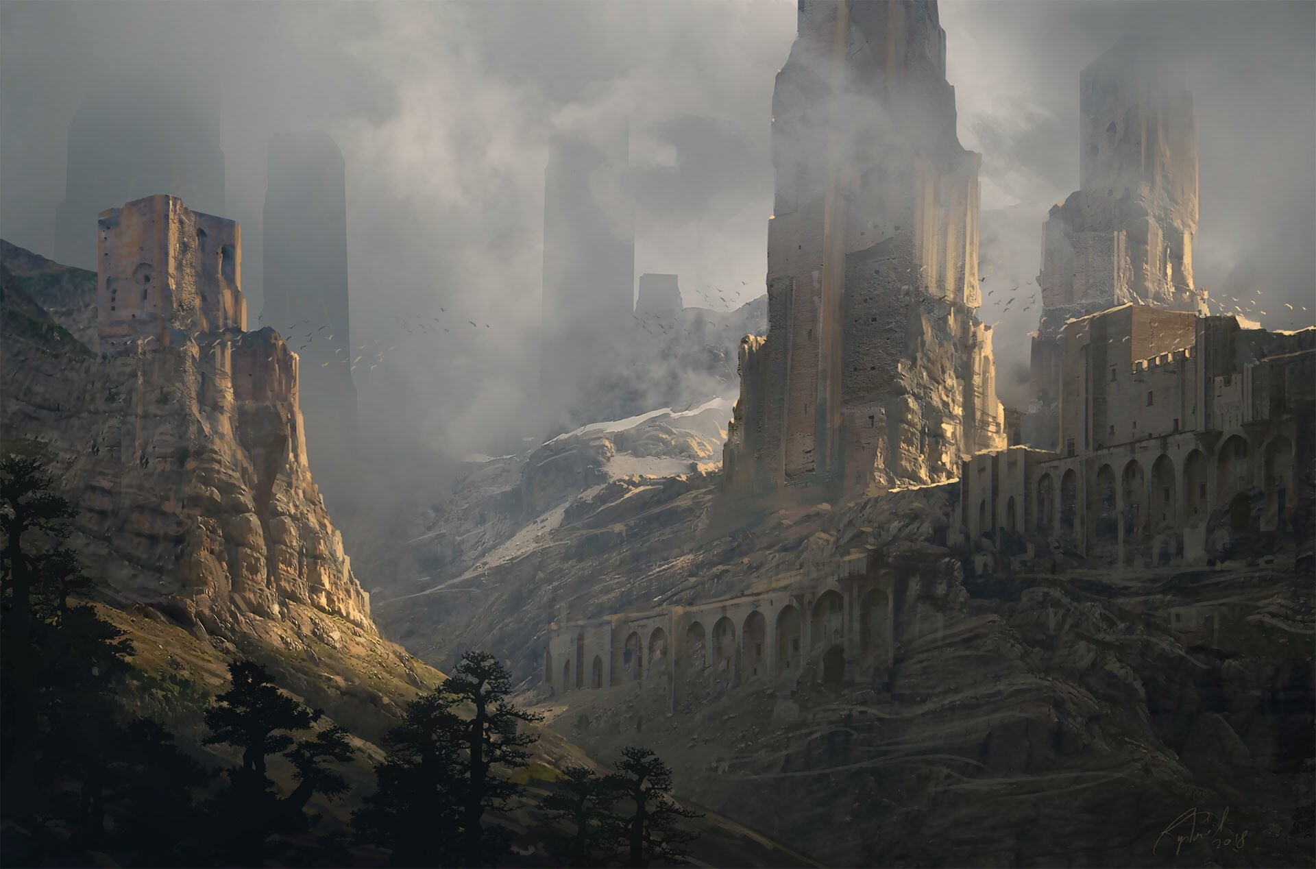 Fantasy landscape with ancient ruins and mountains by Raphael Lacoste HD Wallpaper