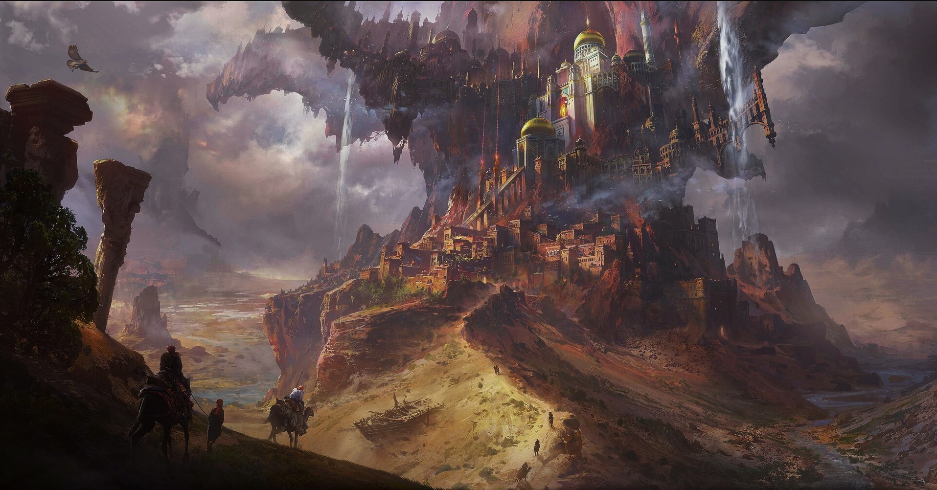 Fantasy city built on a cliff with waterfalls and travelers HD Wallpaper