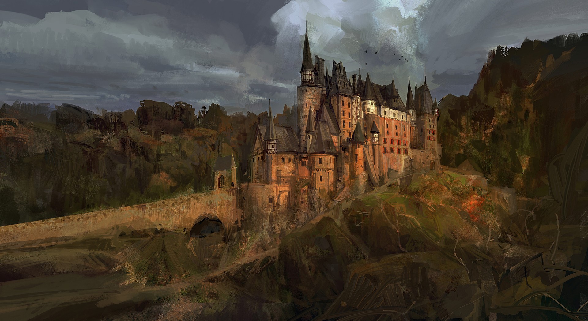 Fantasy castle on a cliff with a bridge HD Wallpaper