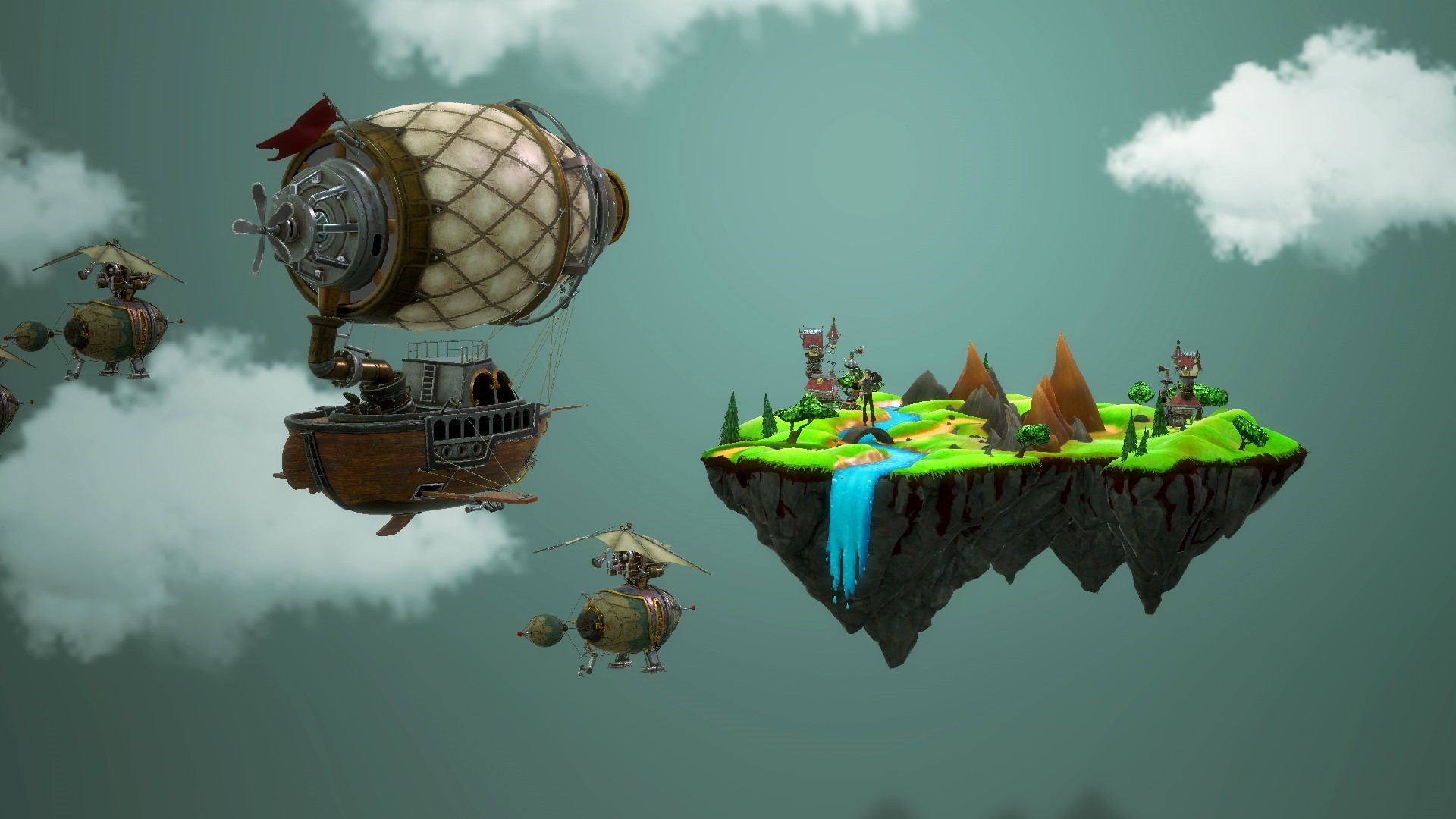 Steampunk airships and floating islands in the sky HD Wallpaper