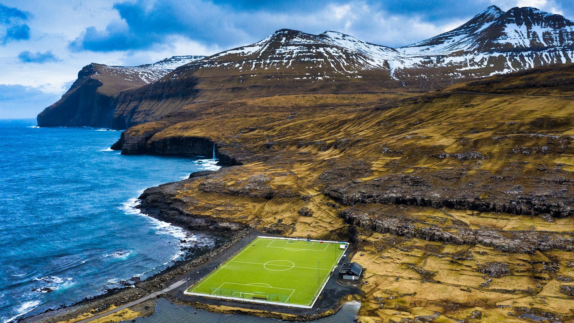 Soccer field on the coast of the Faroe Islands HD Wallpaper