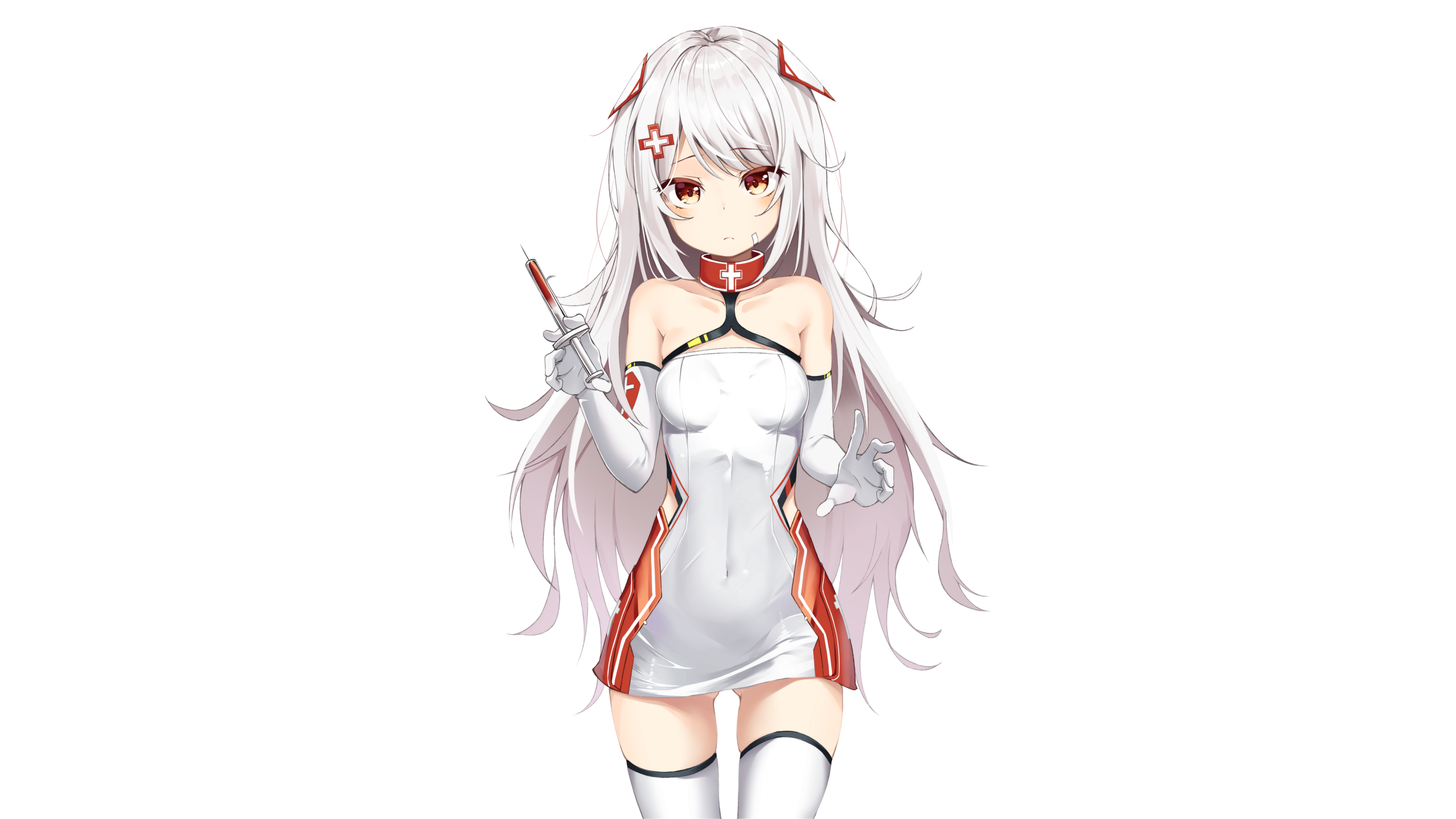 Anime girl with white hair and red eyes holding a syringe HD Wallpaper