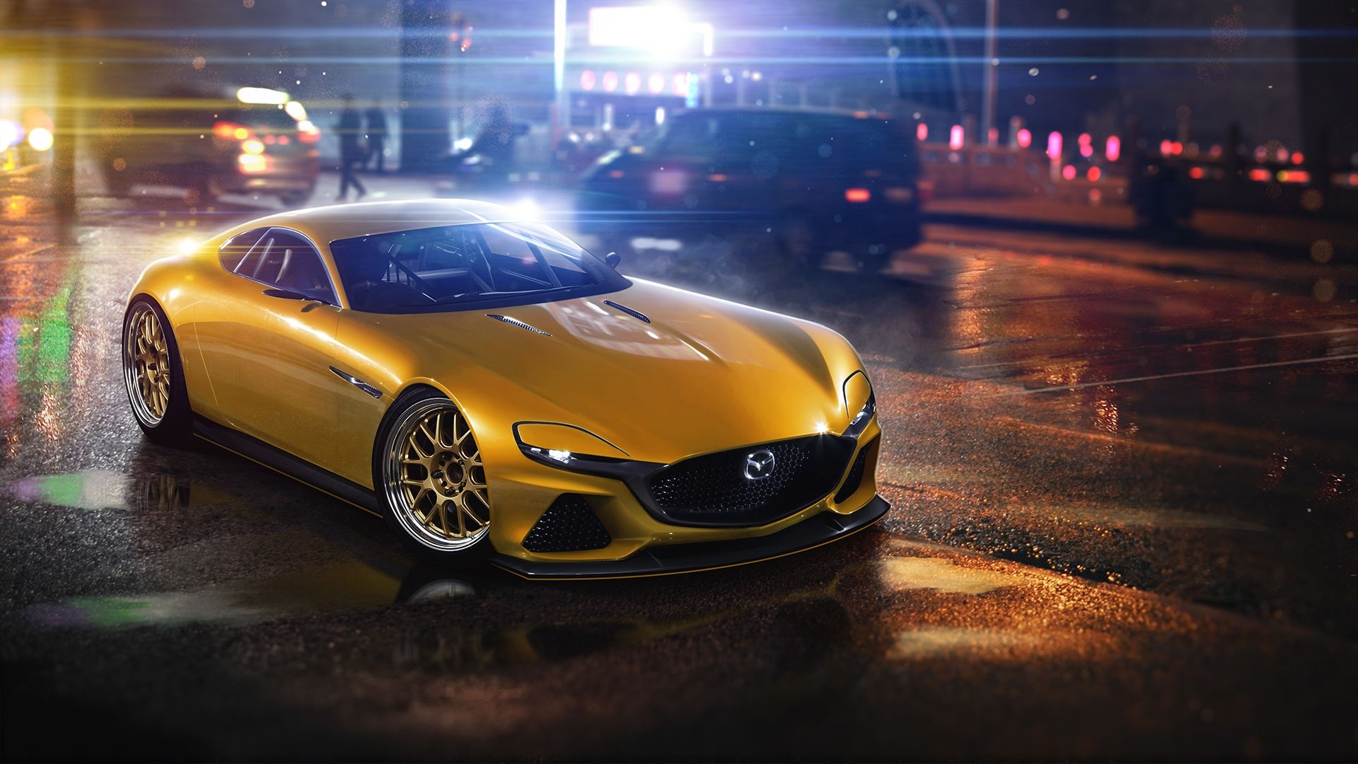 Yellow Mazda sports car on wet street at night HD Wallpaper
