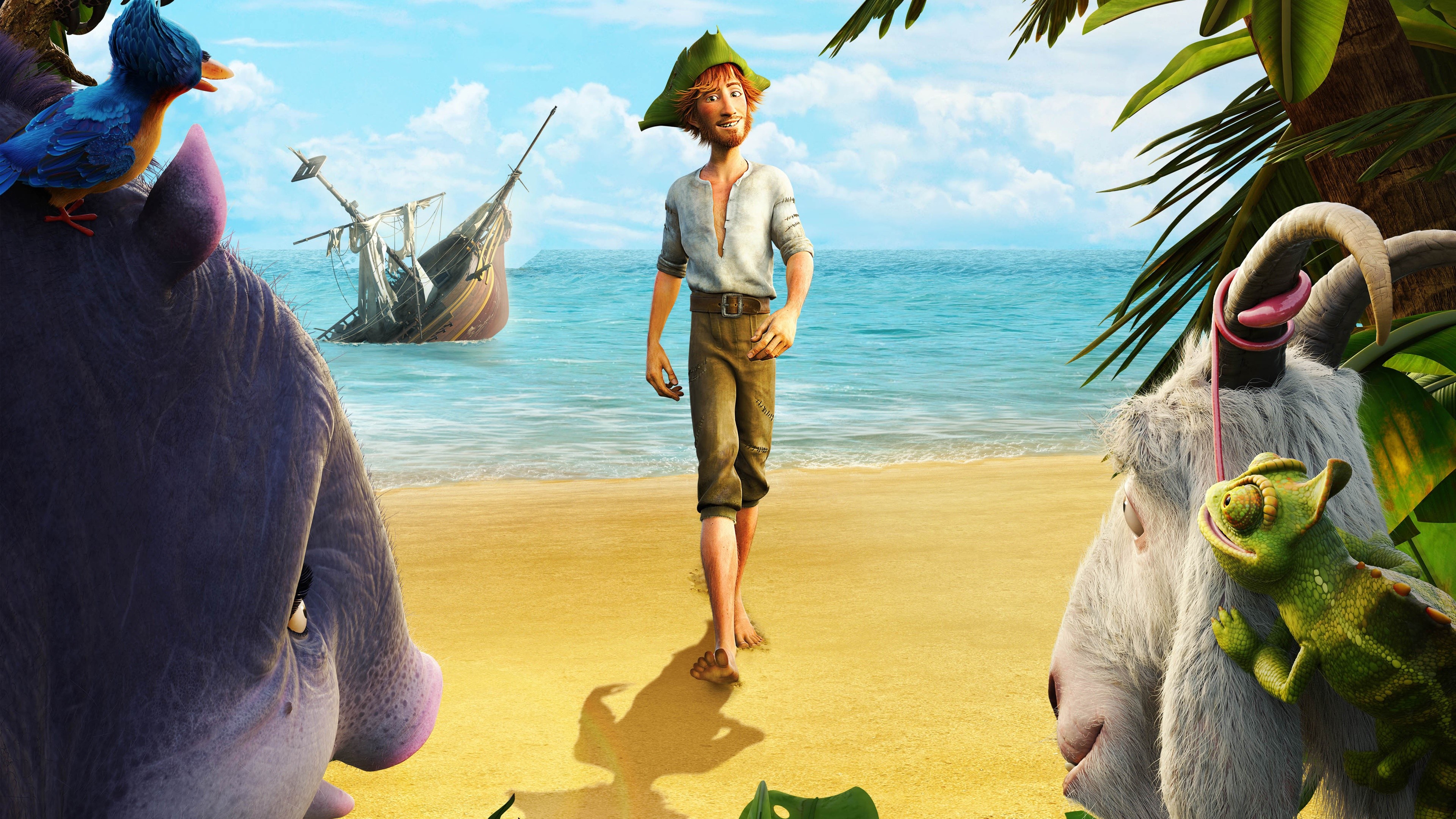 Animated man with animals on a beach near a shipwreck HD Wallpaper