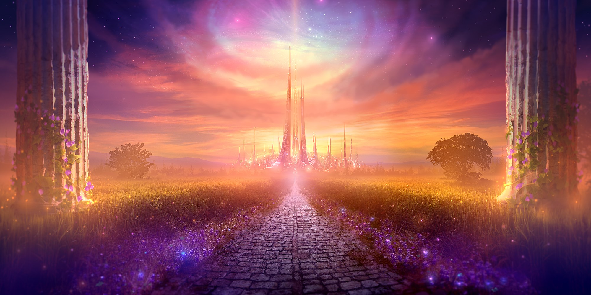 Fantasy landscape with ancient pillars and glowing city HD Wallpaper