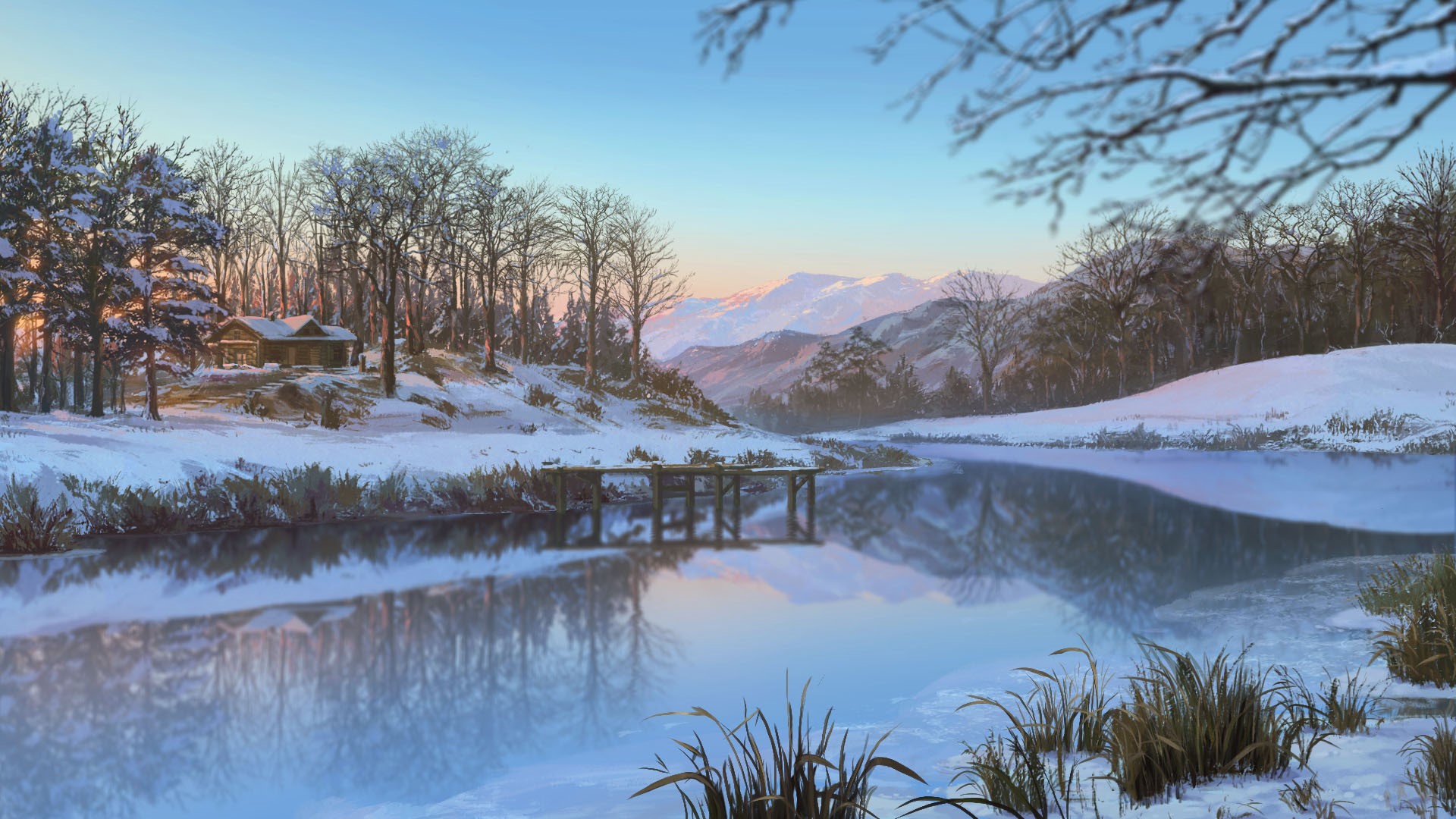 Winter landscape with cabin and frozen lake HD Wallpaper