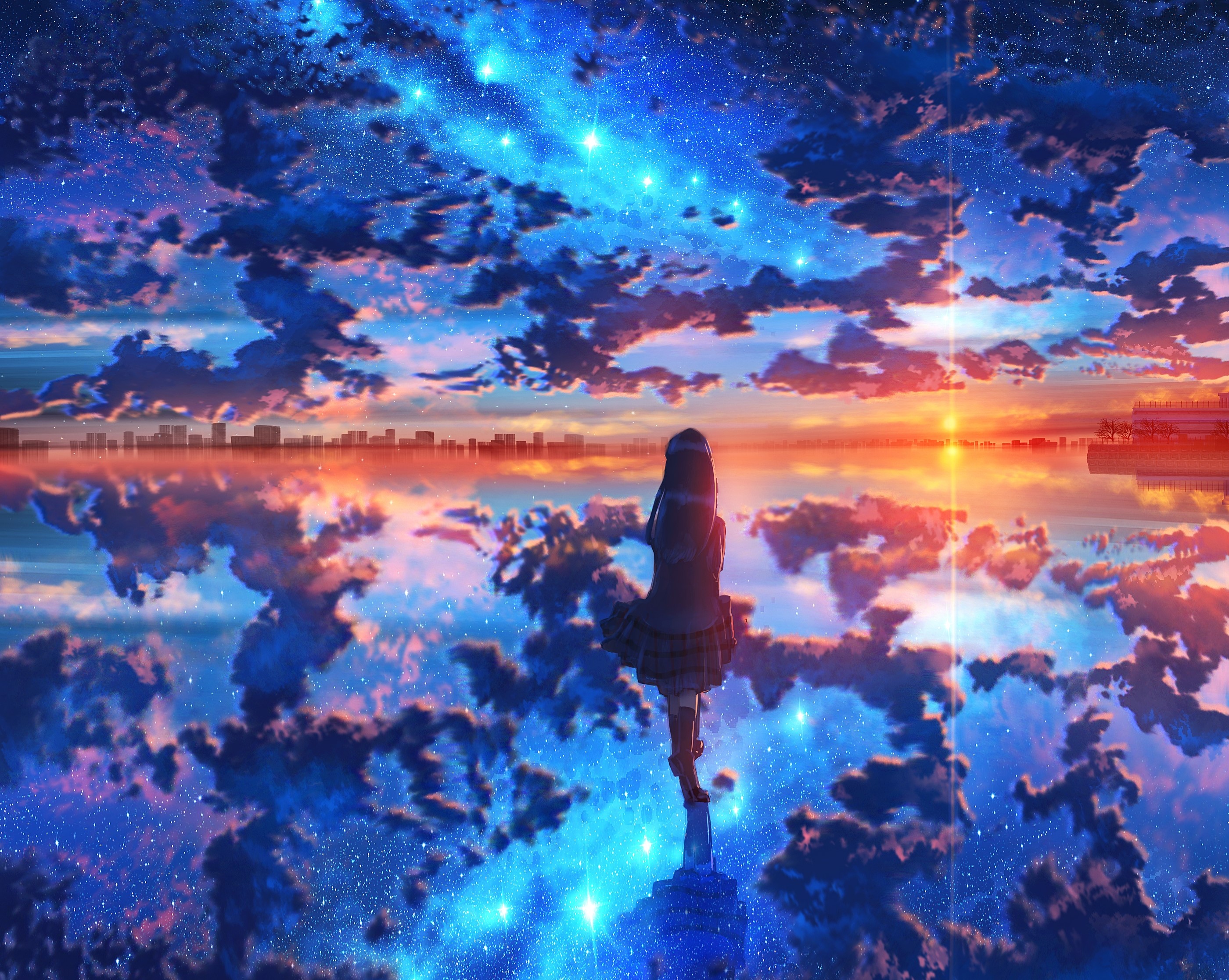 Anime girl looking at a starry sky reflection HD Wallpaper