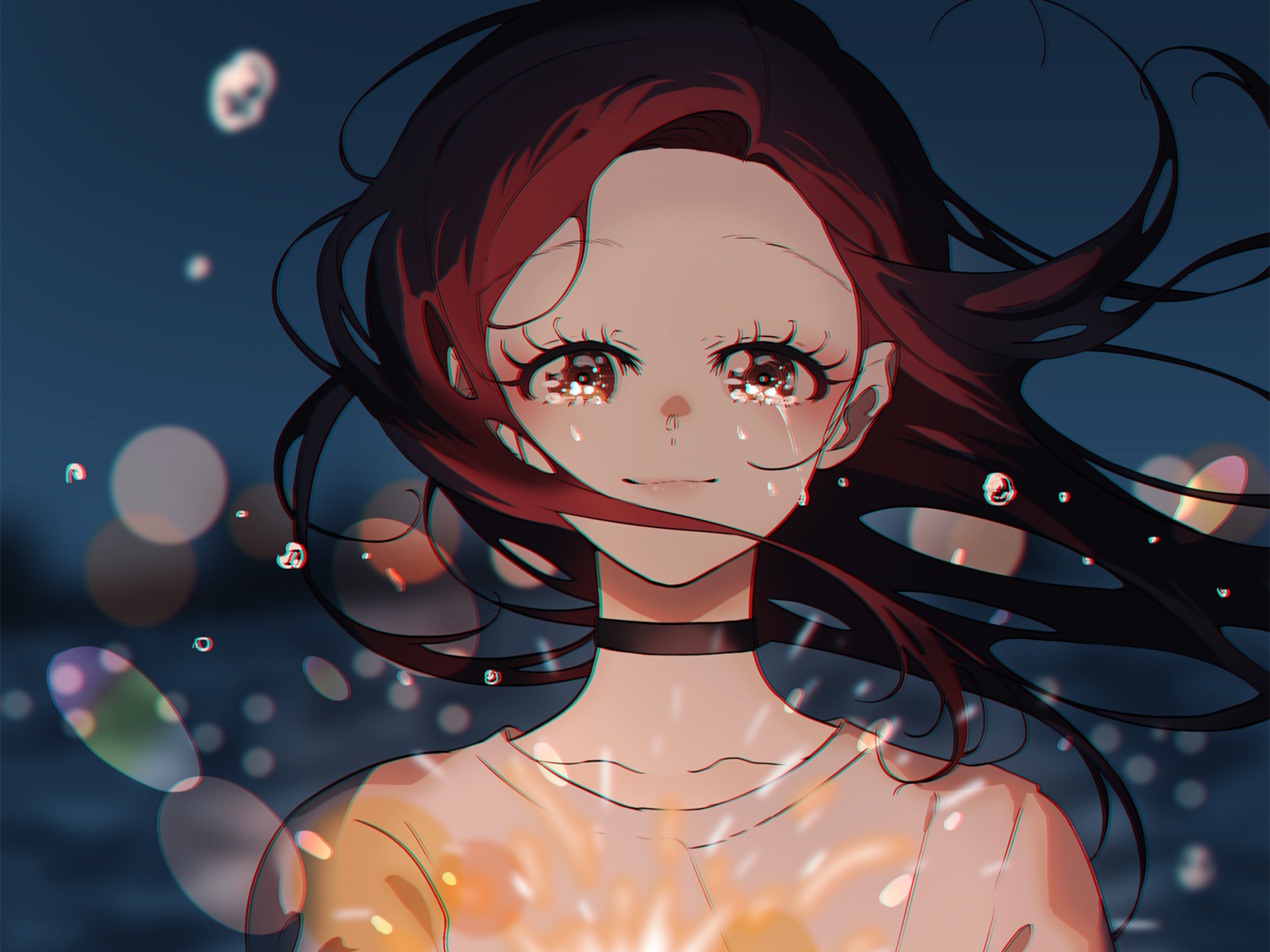 Anime girl crying with bokeh lights HD Wallpaper