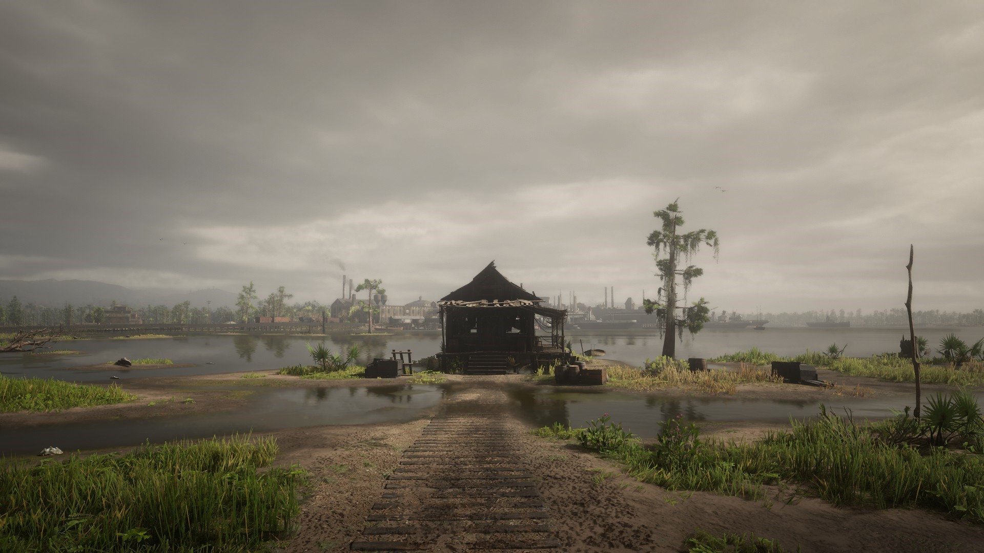 Red Dead Redemption 2 swamp landscape with a small shack HD Wallpaper