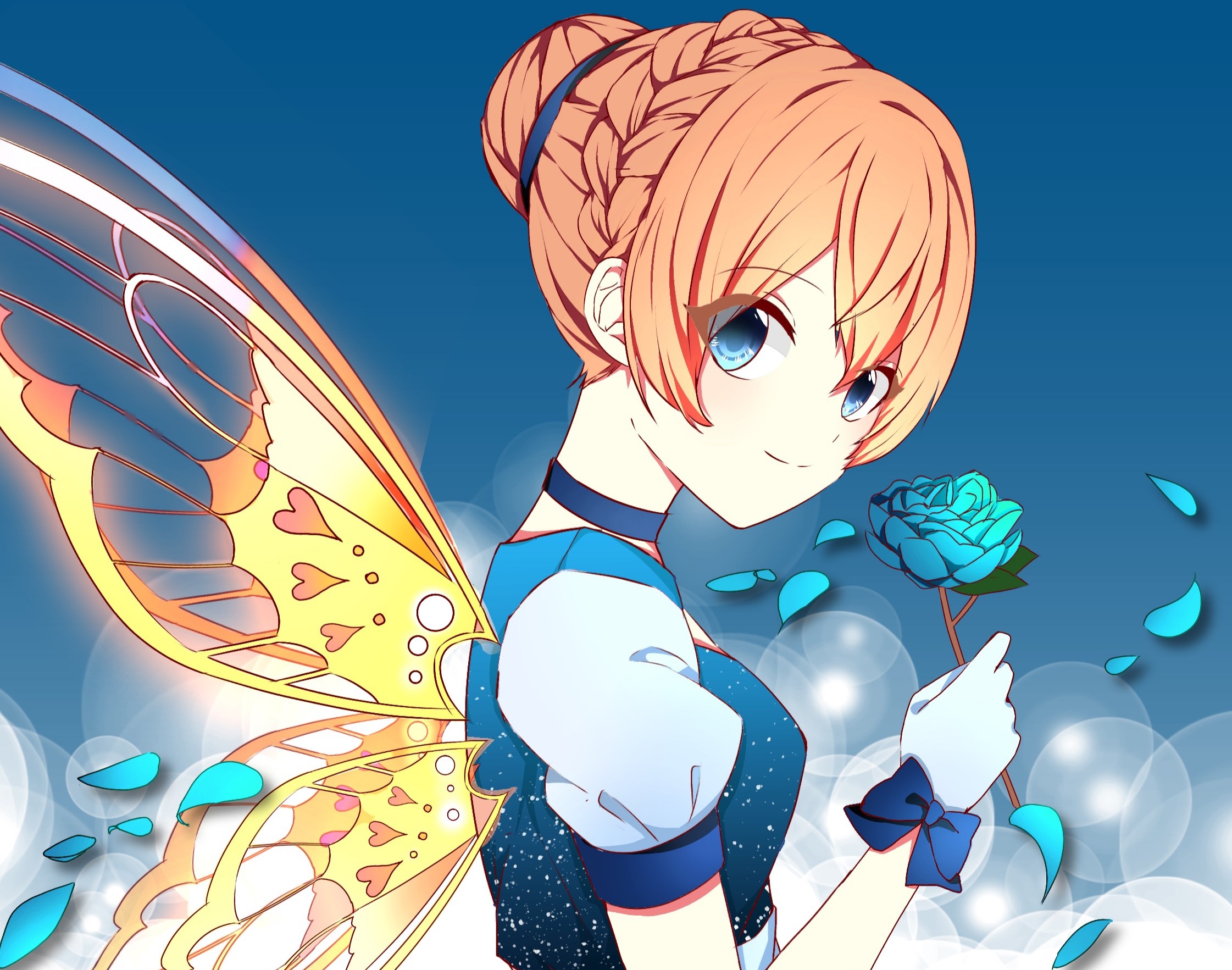 Anime girl with fairy wings holding a blue rose HD Wallpaper