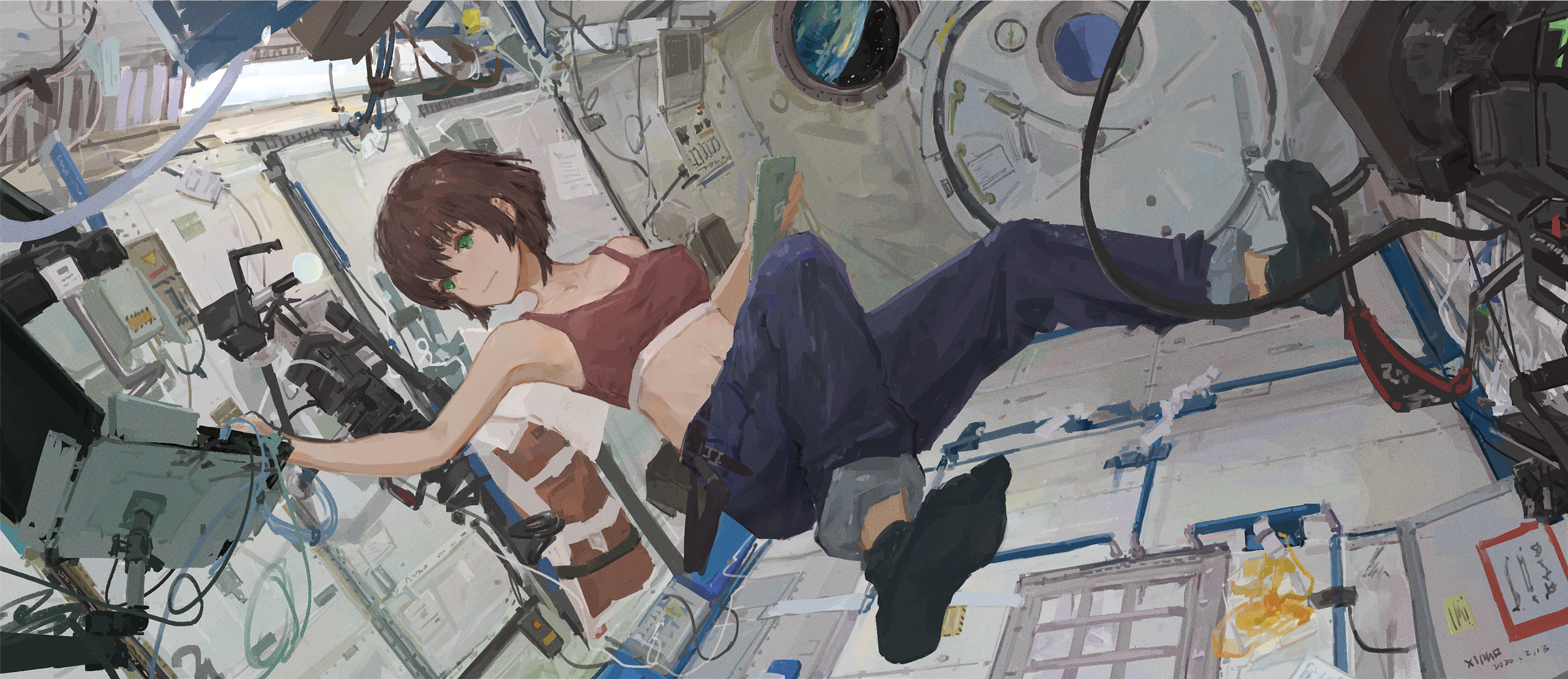 Anime girl floating in a space station HD Wallpaper