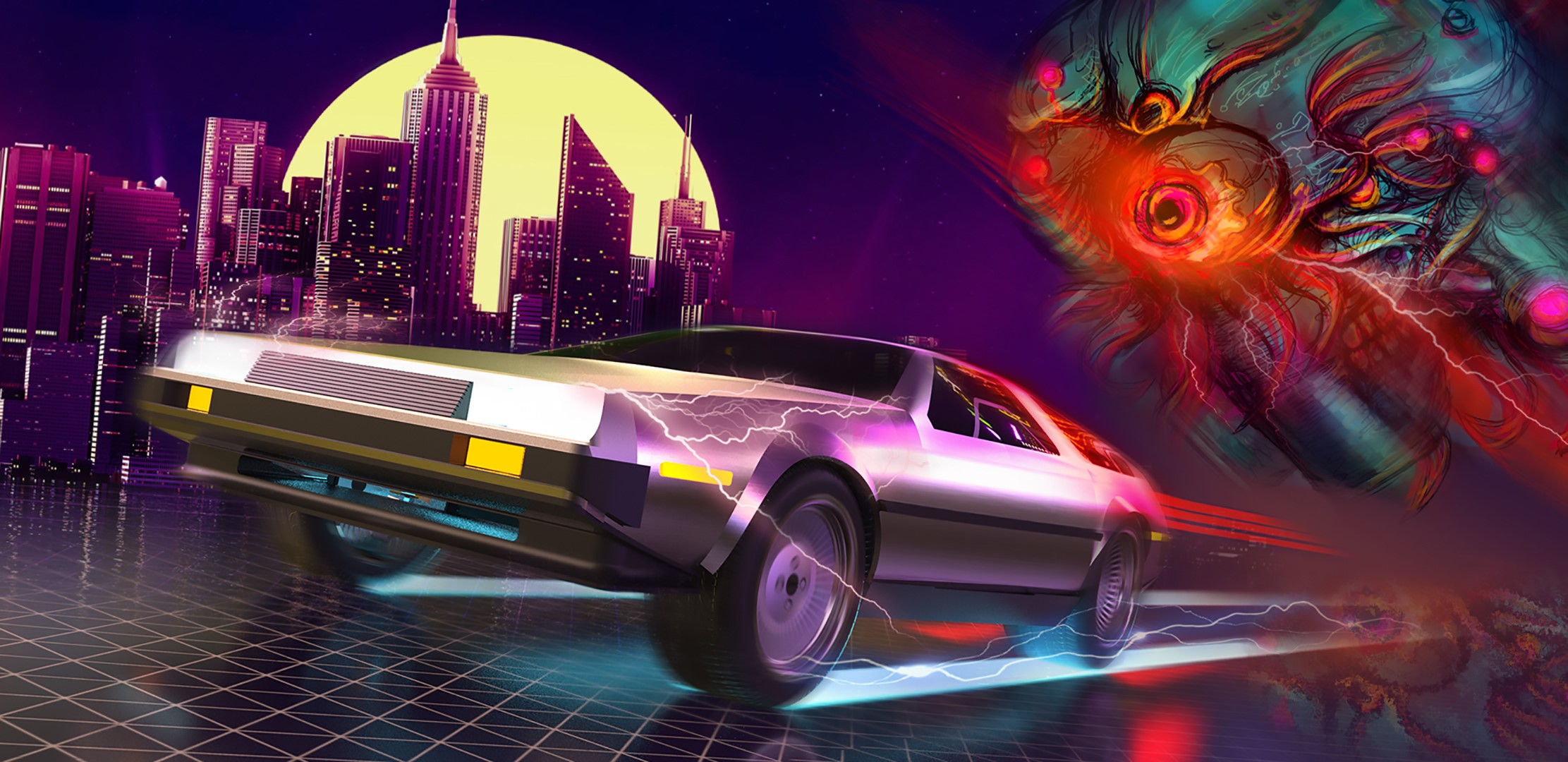 DeLorean in Synthwave City with Alien Creature HD Wallpaper