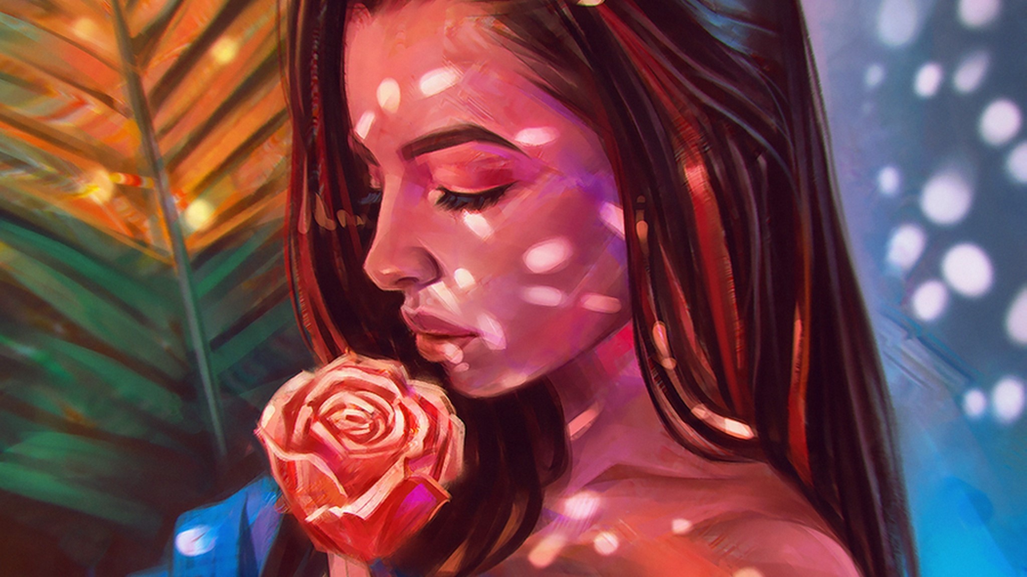 Portrait of a woman holding a rose HD Wallpaper