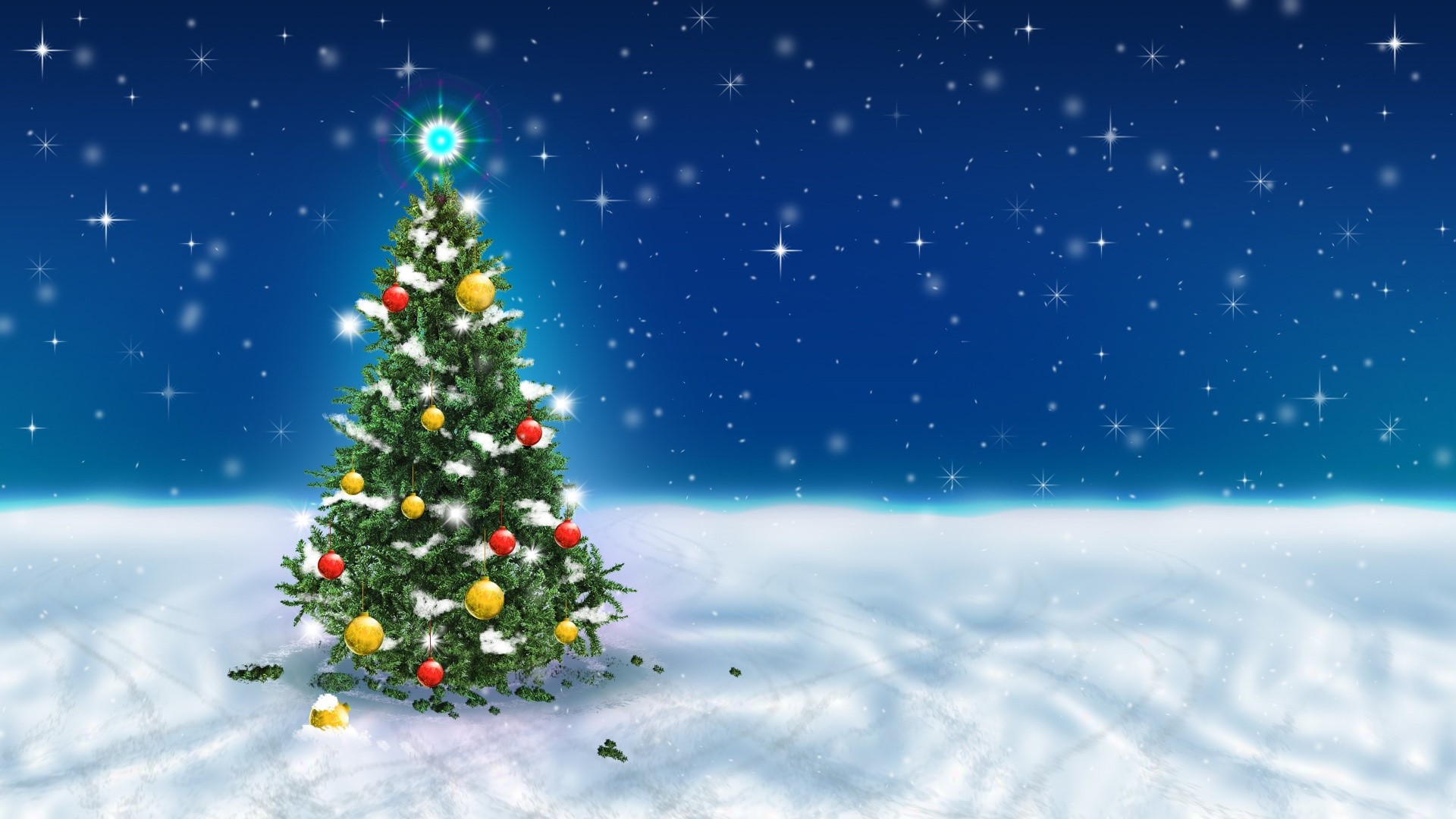 Christmas tree in a snowy landscape with stars HD Wallpaper