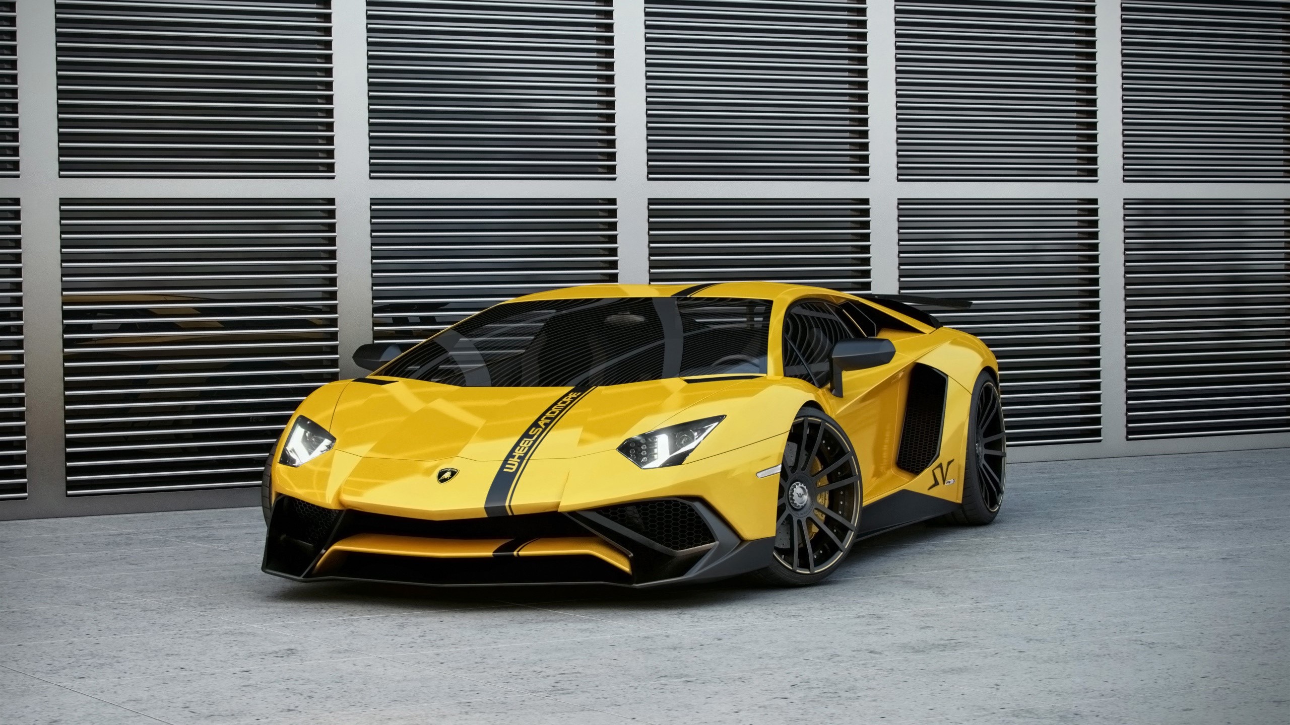 Yellow Lamborghini Aventador SV parked in front of a modern building HD Wallpaper
