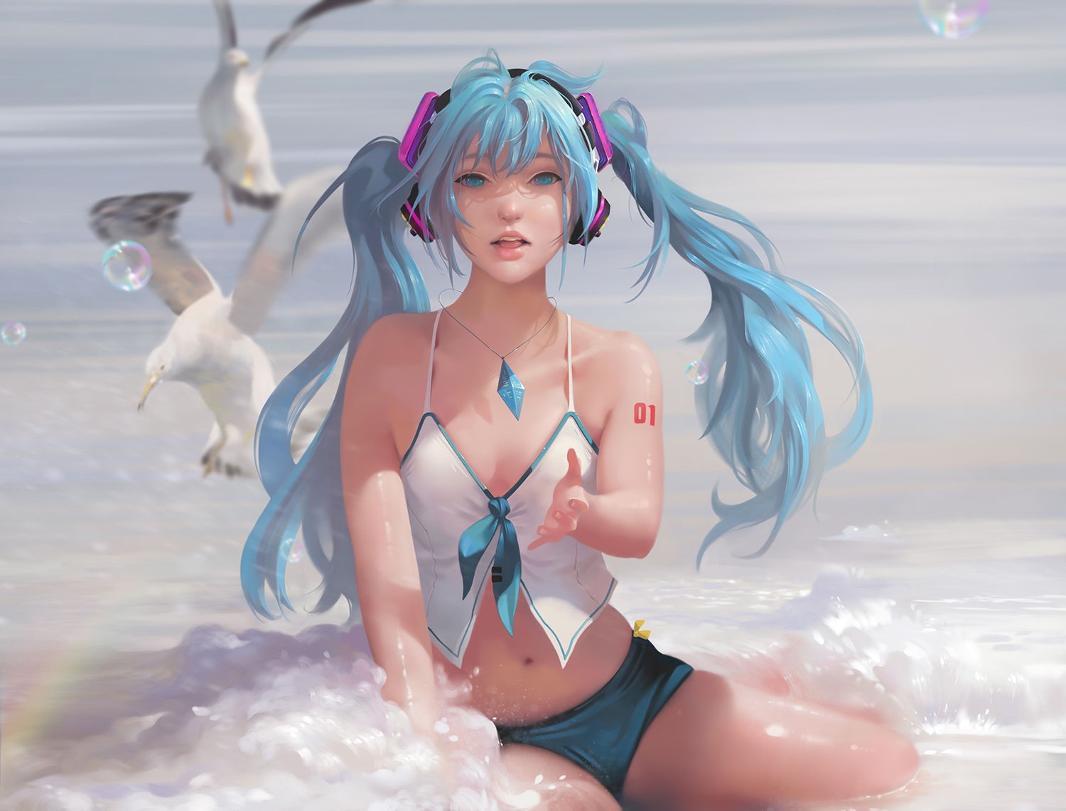 Hatsune Miku on a beach with seagulls HD Wallpaper