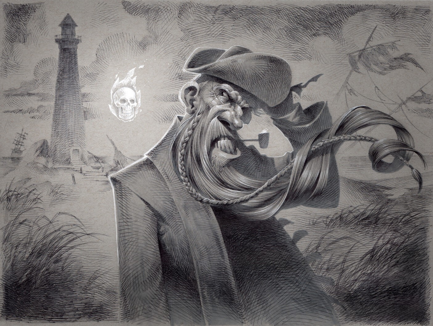 Pirate with skull ghost and lighthouse HD Wallpaper