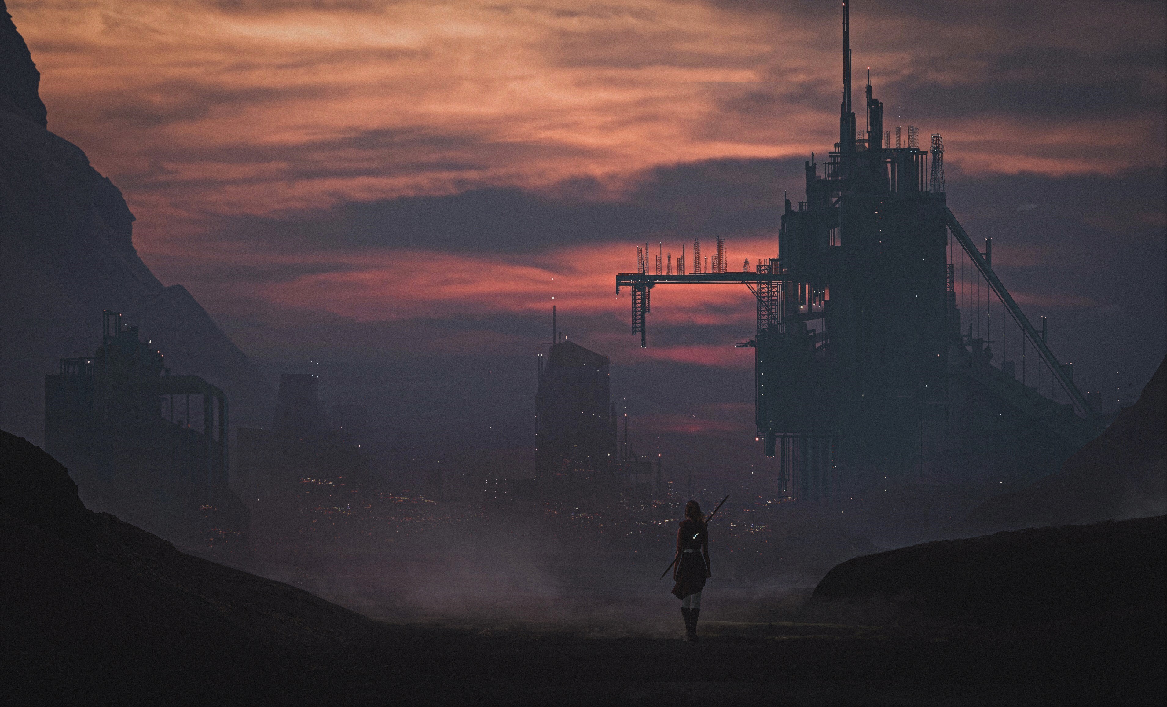 Nicholas Baum futuristic landscape artwork at sunset HD Wallpaper