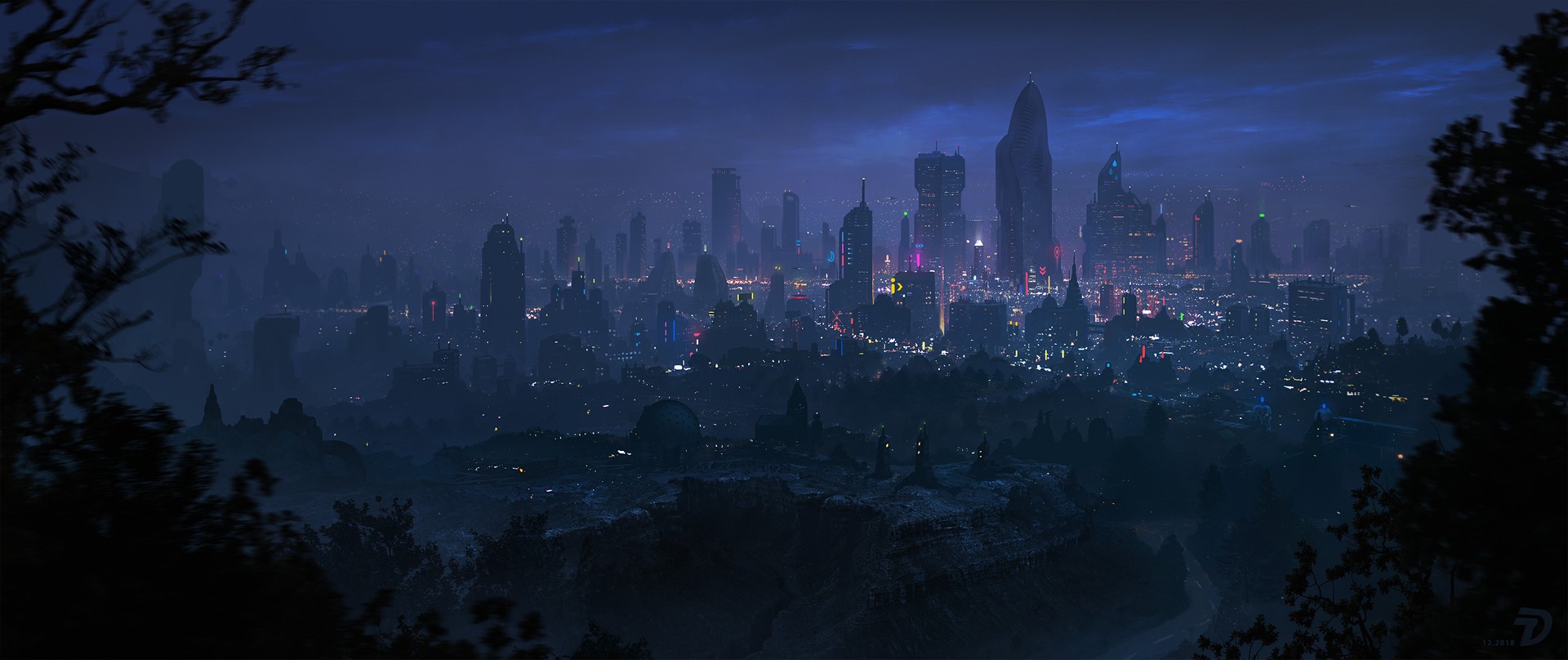 Futuristic cityscape at night with glowing lights HD Wallpaper