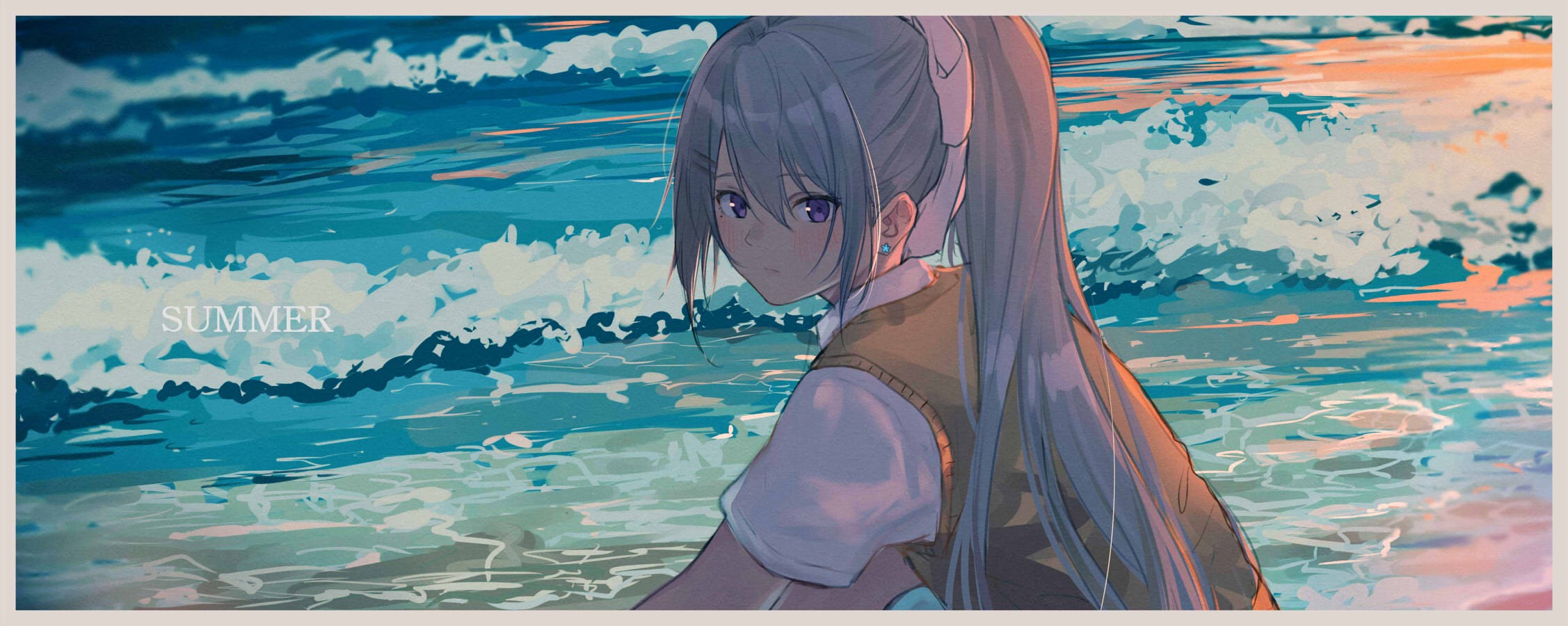 Anime girl by the sea with "SUMMER" text HD Wallpaper