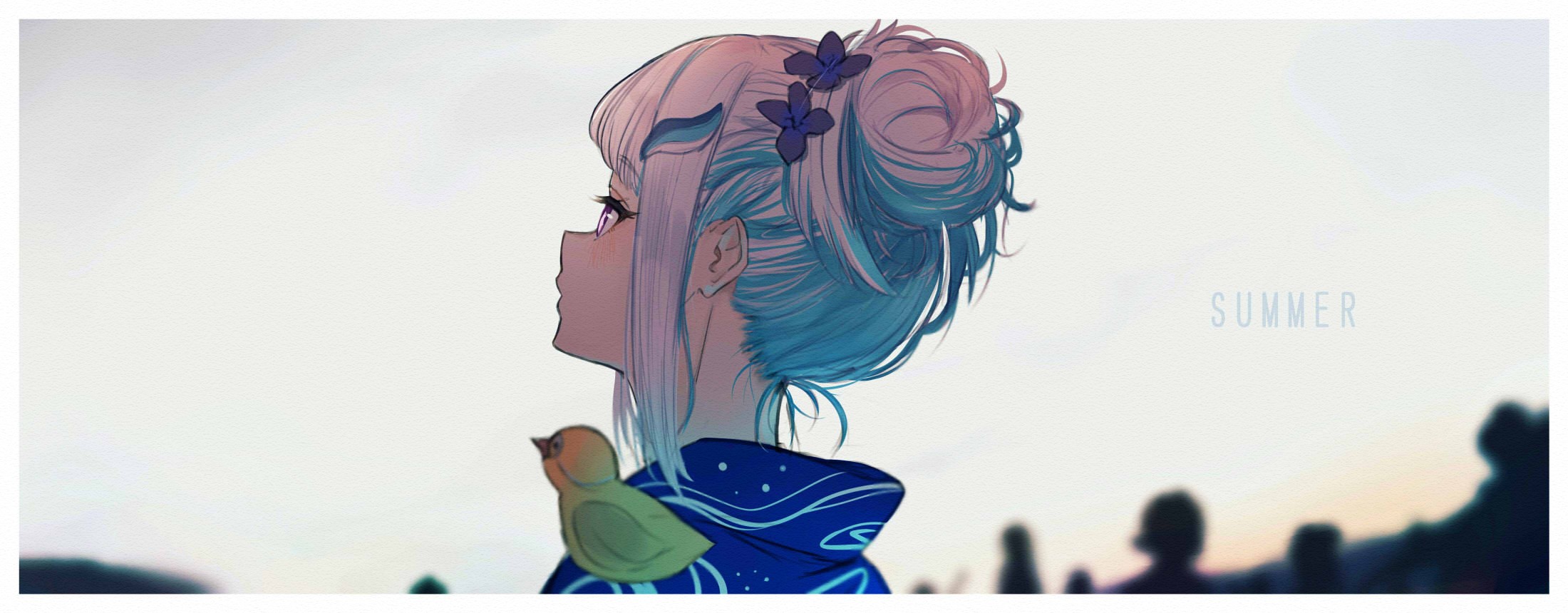 Anime girl with bird and summer text HD Wallpaper