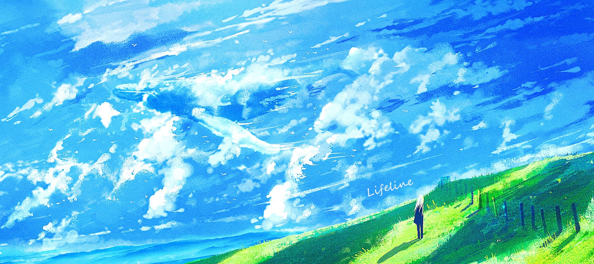 Anime landscape with clouds and a girl HD Wallpaper