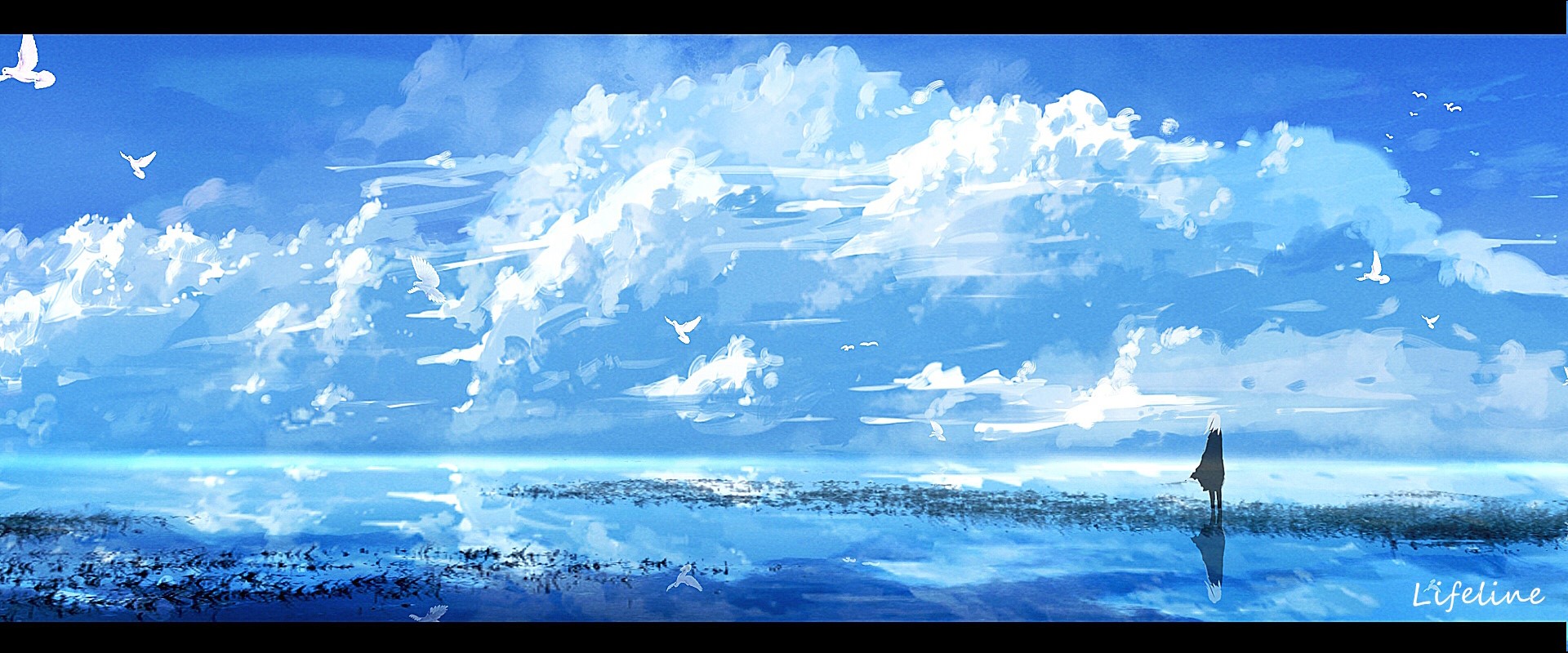 Anime girl standing on water with birds and clouds HD Wallpaper