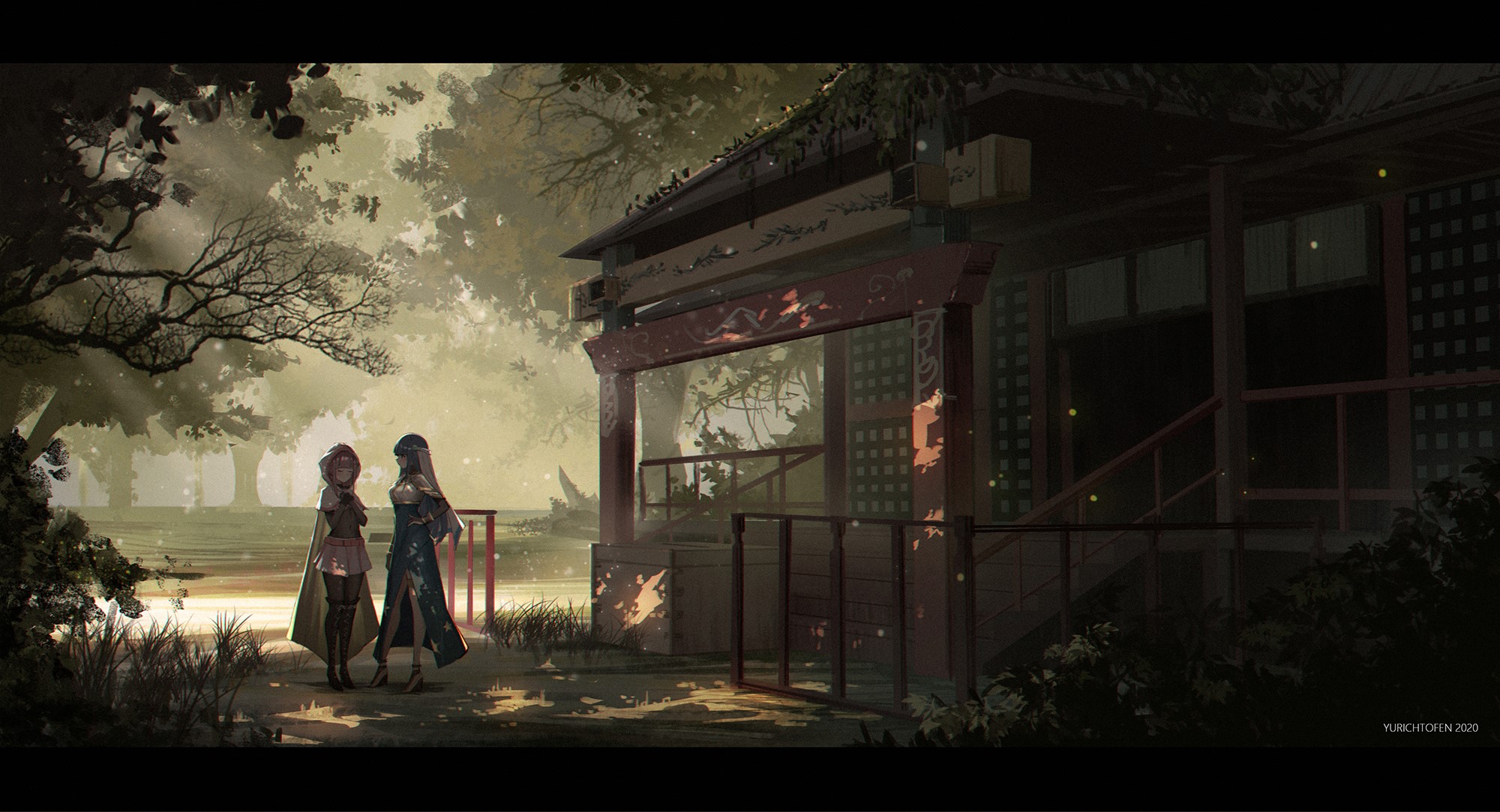 Two anime girls by an old Japanese building HD Wallpaper
