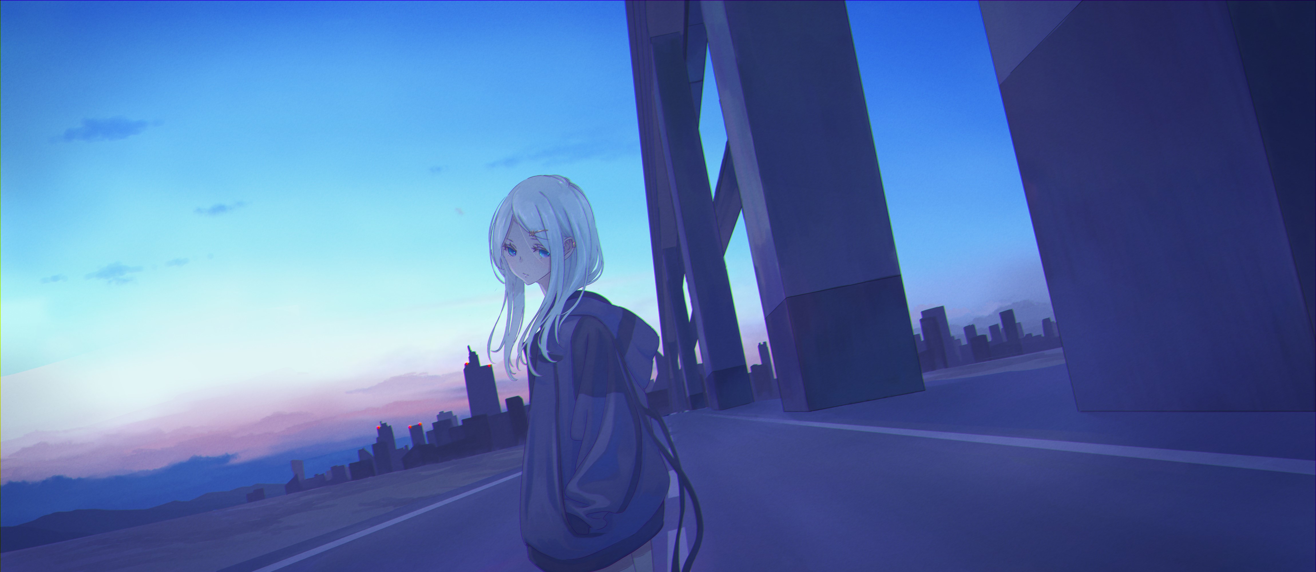 Anime girl on a bridge overlooking a city at dusk HD Wallpaper