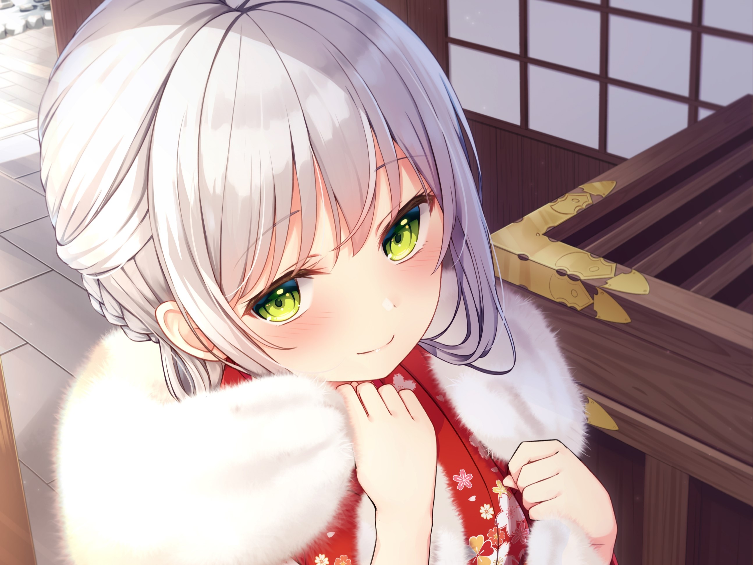 Anime girl with white hair and green eyes wearing a red kimono HD Wallpaper