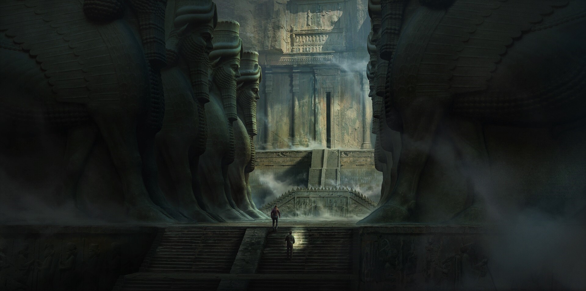 Ancient Persian temple entrance with explorers HD Wallpaper