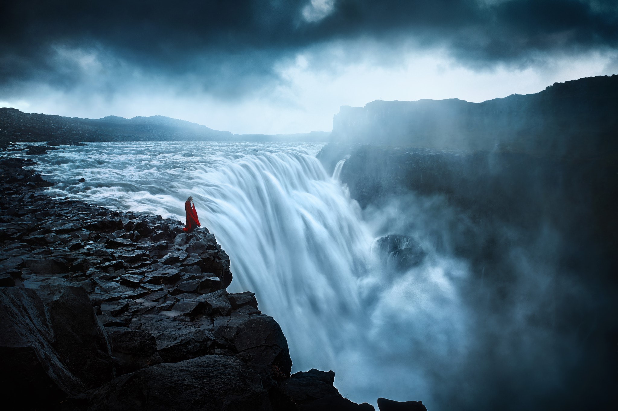 Woman in red dress at Dettifoss waterfall, Iceland HD Wallpaper