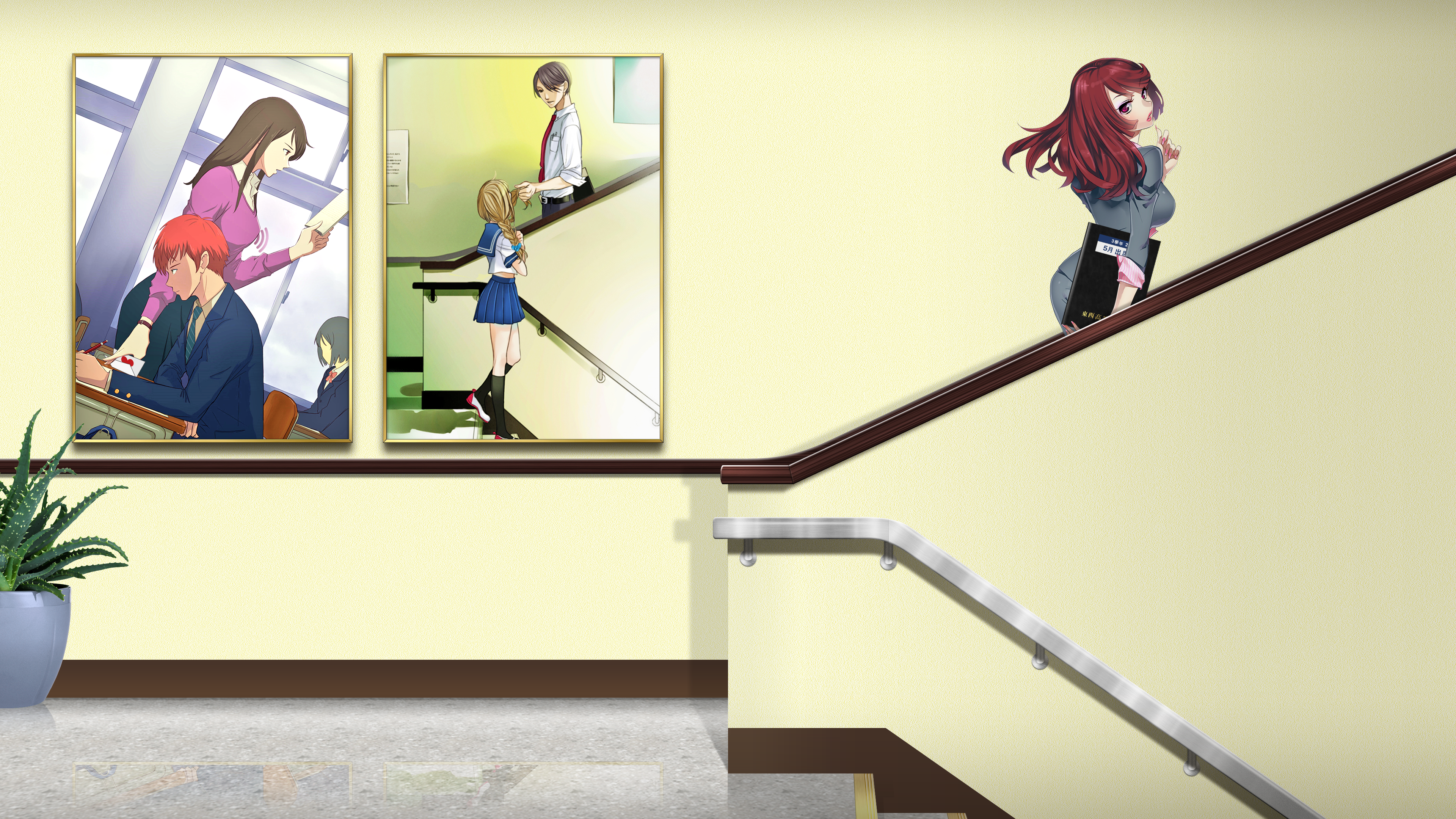 Anime characters on school stairs and in picture frames HD Wallpaper