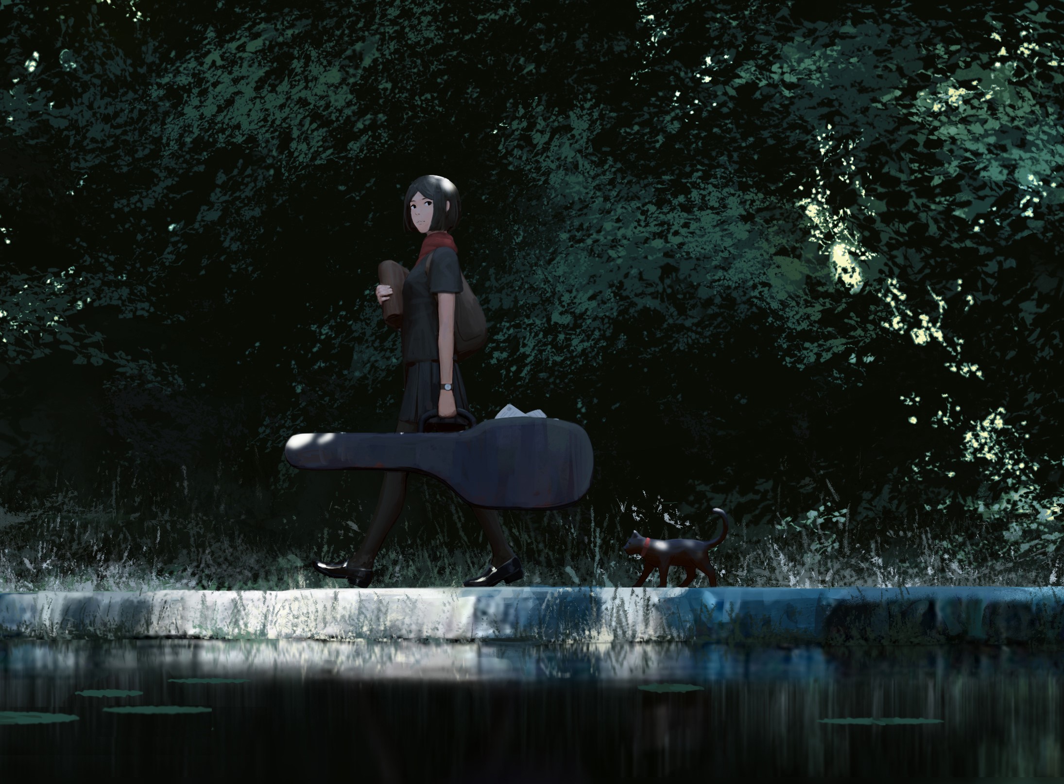 Girl with guitar case and cat walking by water HD Wallpaper