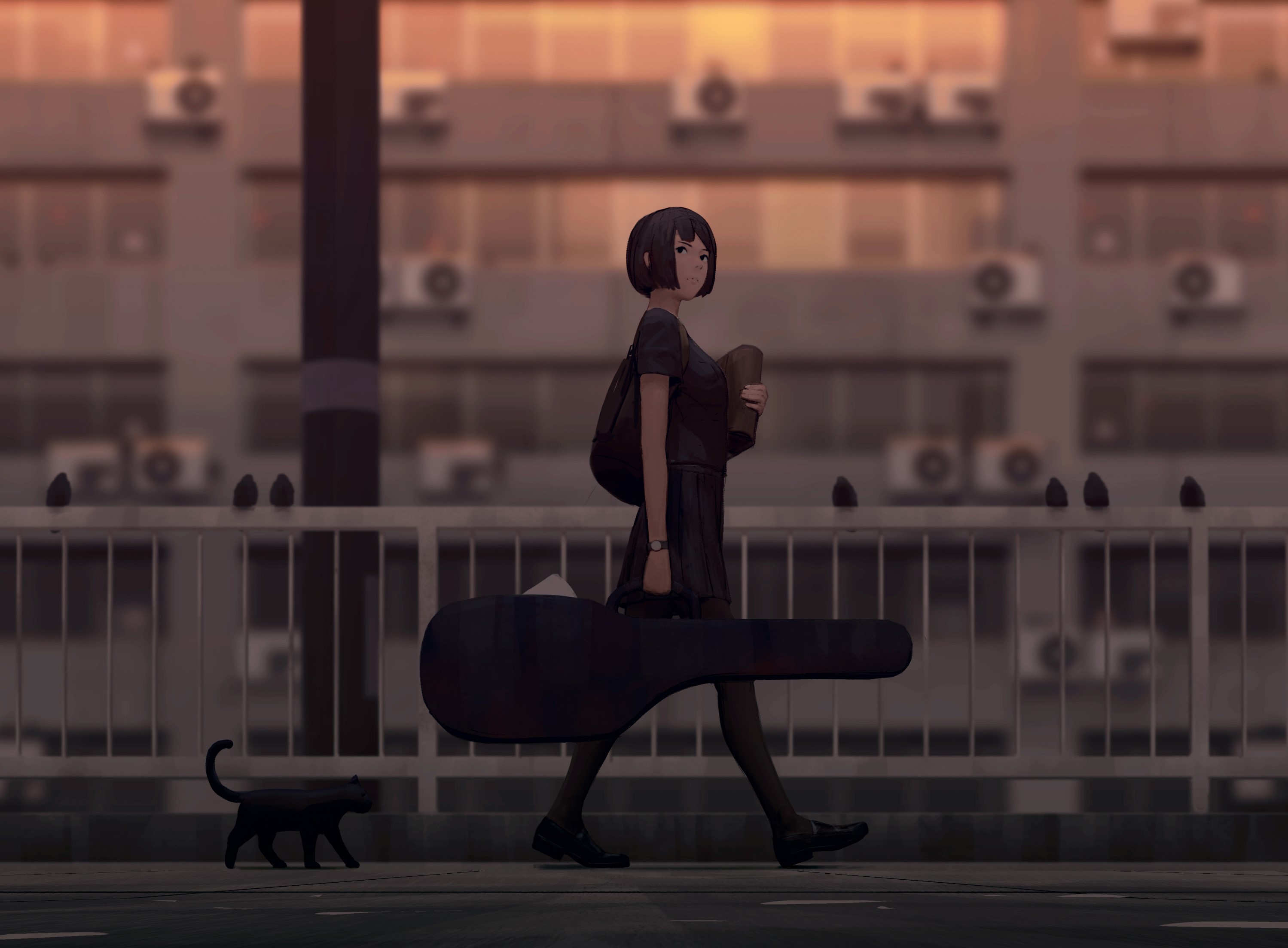 Girl with guitar case and cat walking outdoors HD Wallpaper