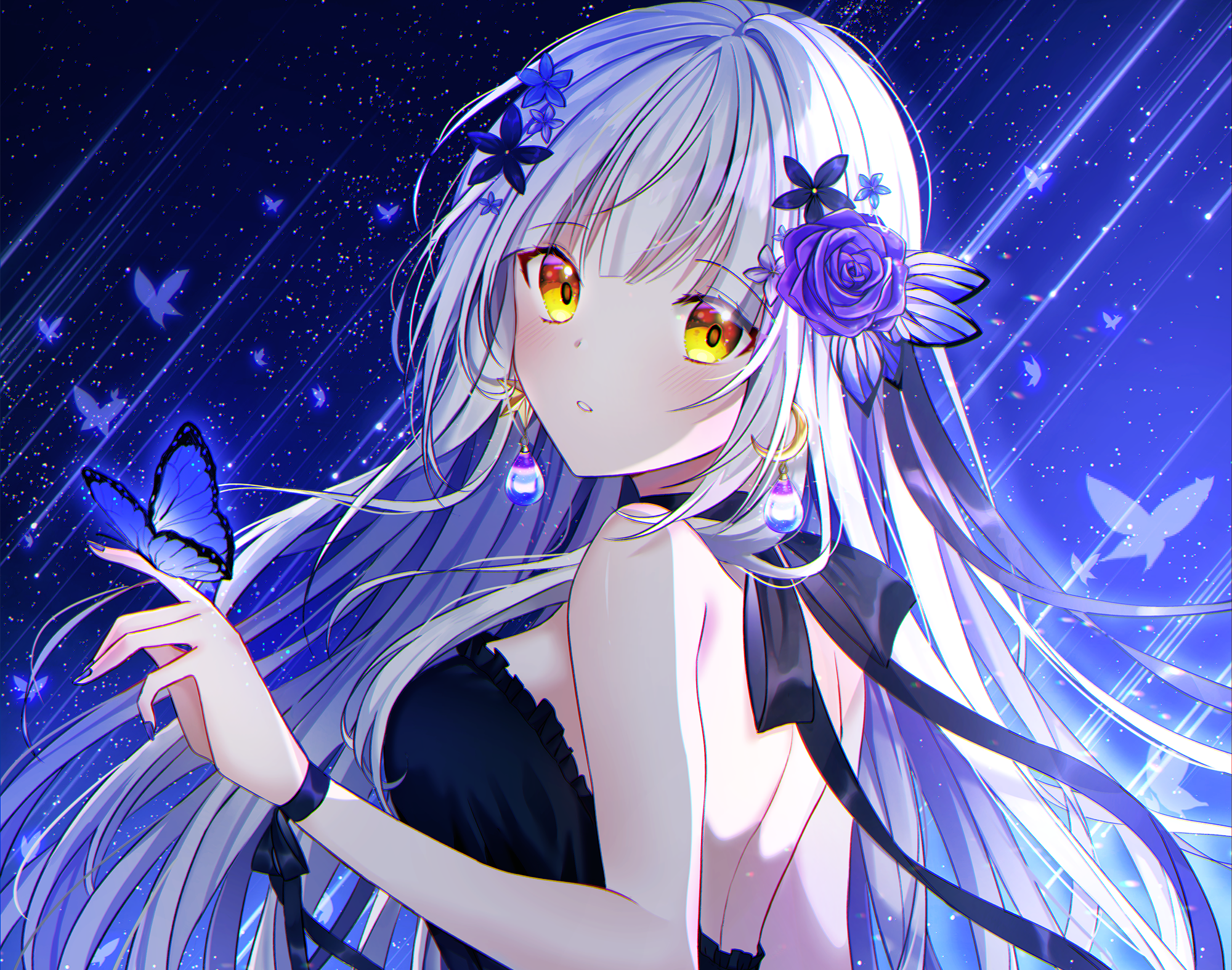 Anime girl with white hair and yellow eyes holding a butterfly HD Wallpaper