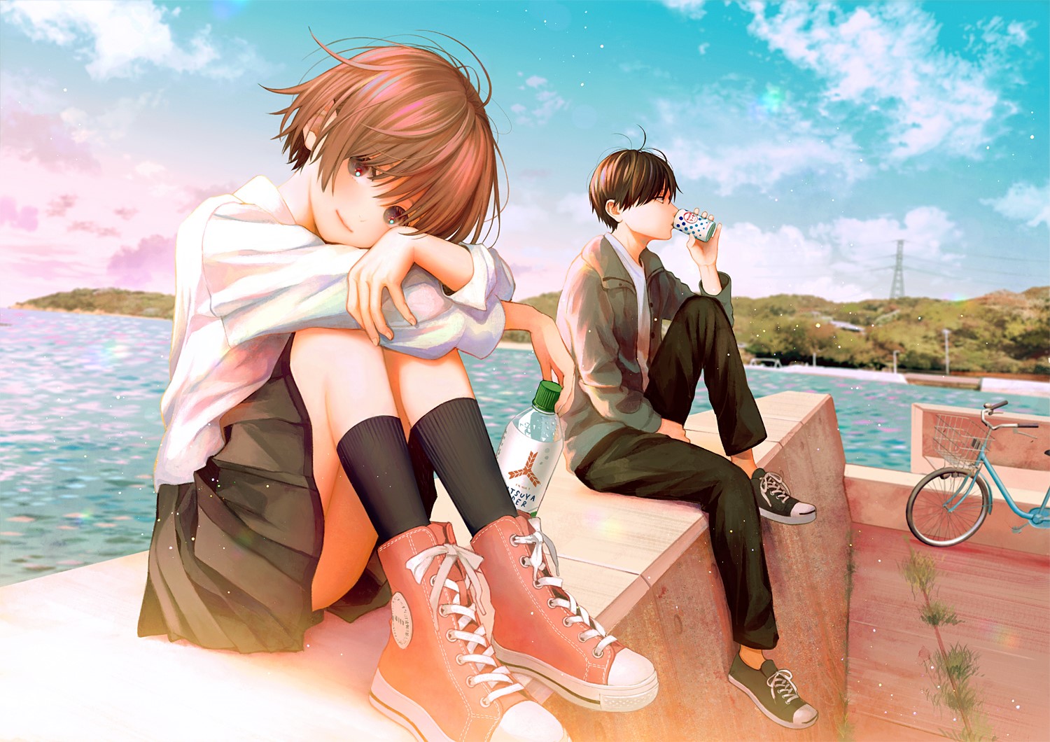 Anime couple by the water with a bicycle HD Wallpaper