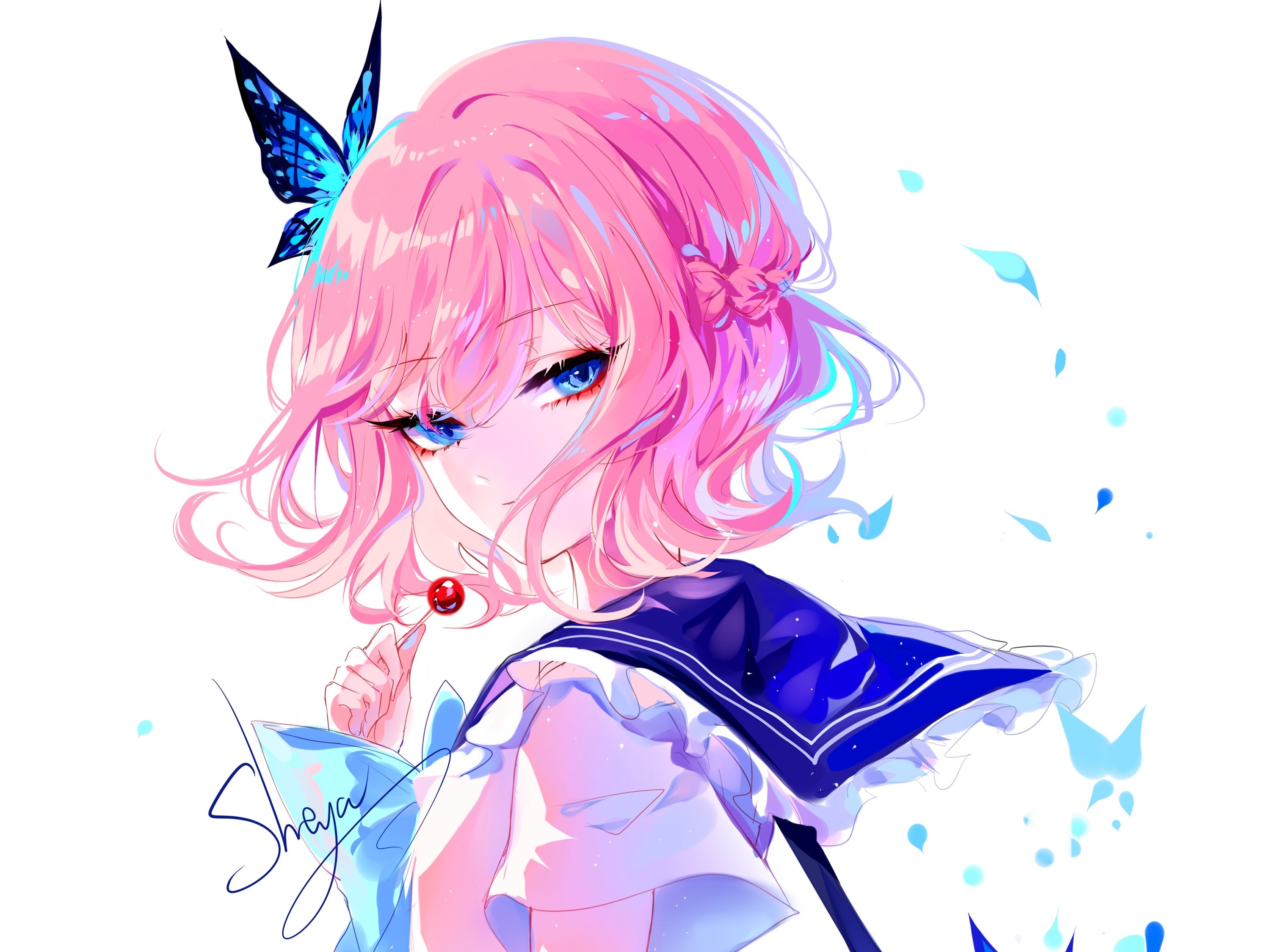 Anime girl with pink hair and blue eyes holding a lollipop HD Wallpaper