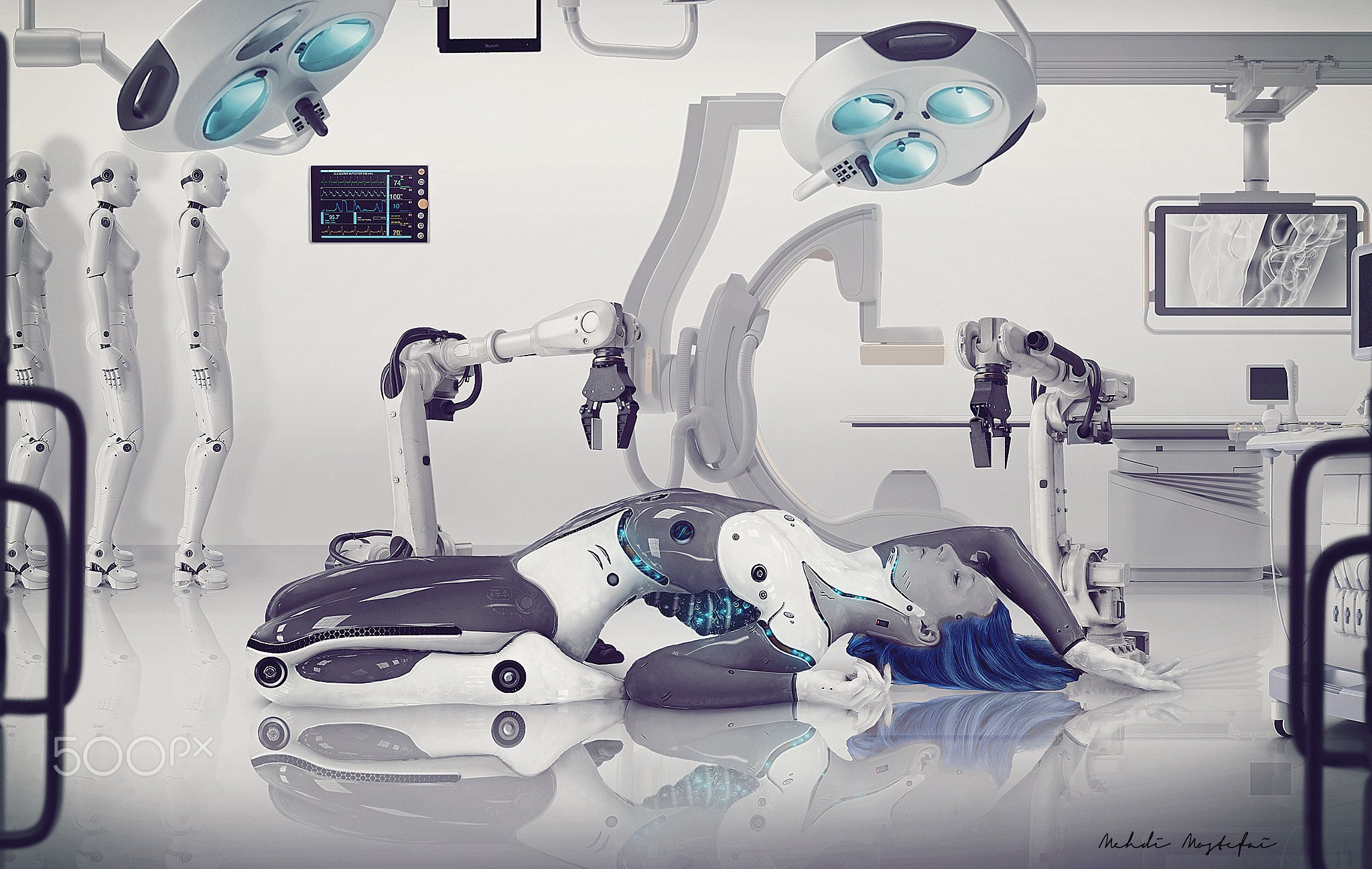 Futuristic operating room with cyborg and robots HD Wallpaper