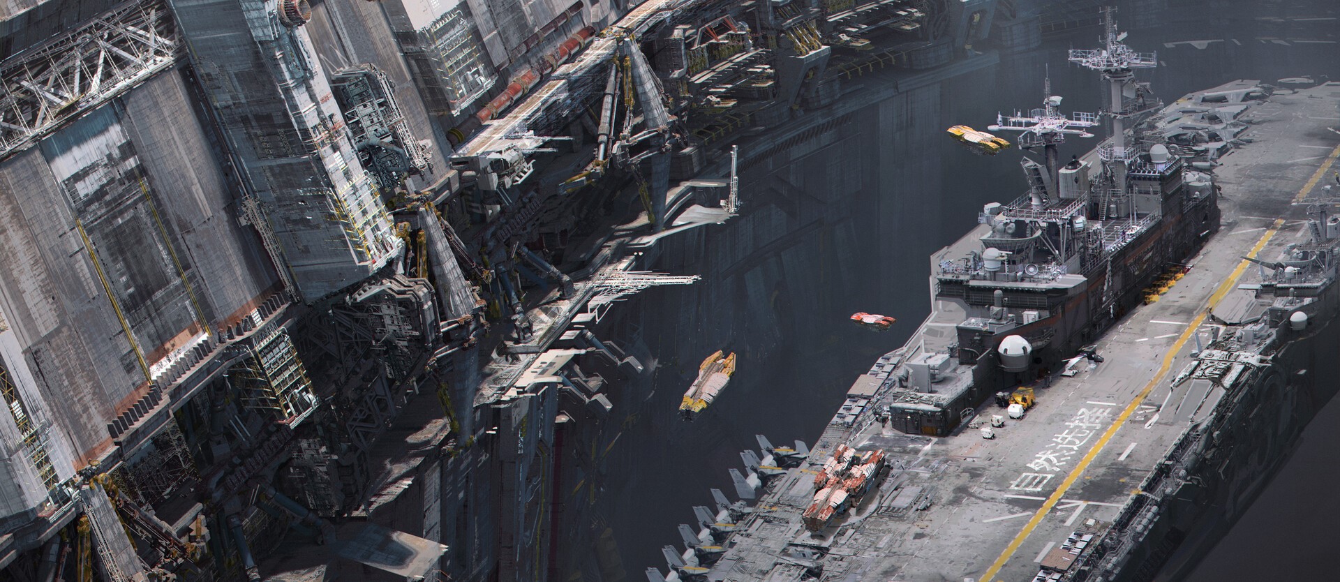 Futuristic industrial complex with aircraft carriers and flying vehicles HD Wallpaper