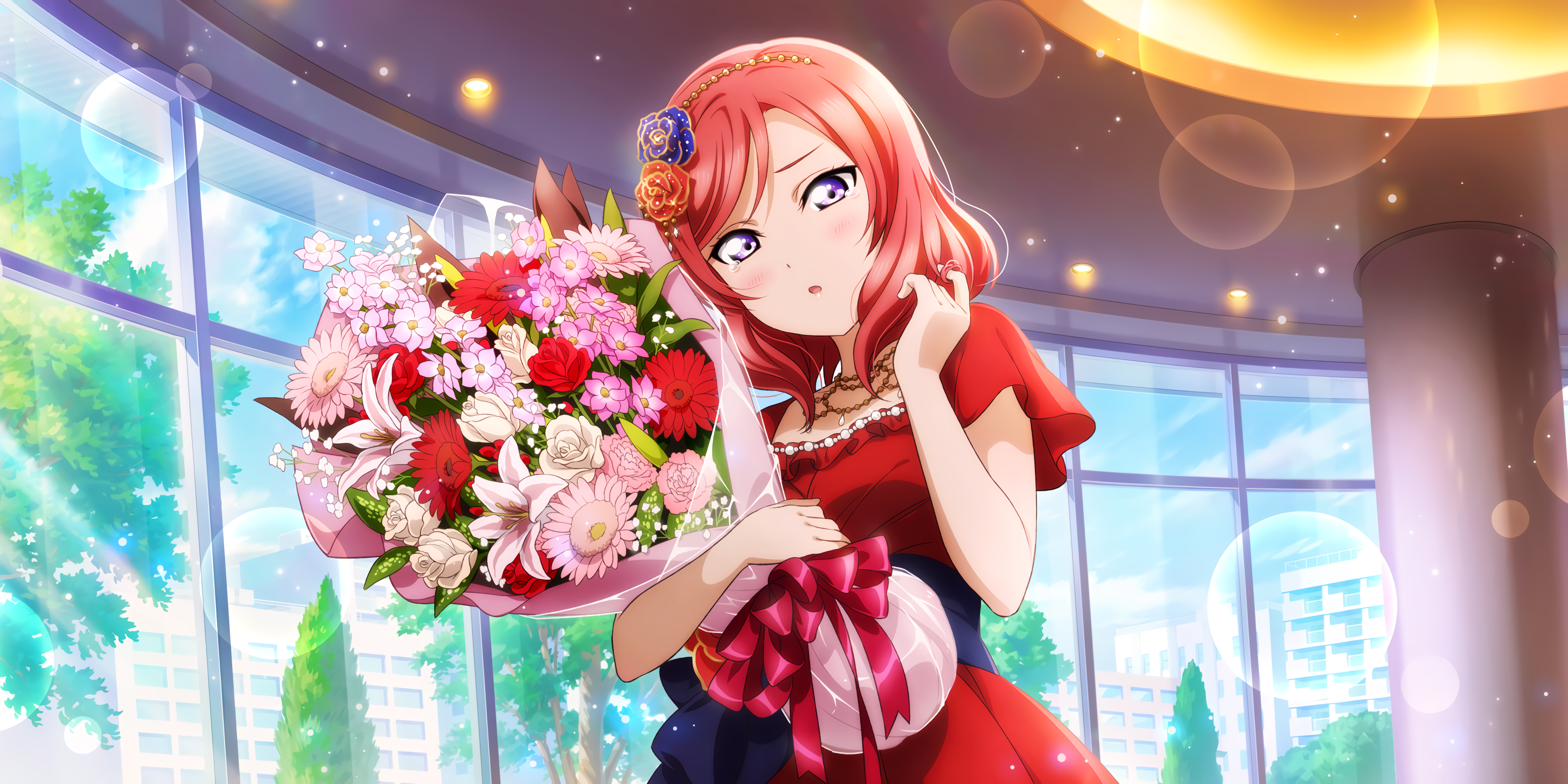 Nishikino Maki from Love Live! holding a bouquet HD Wallpaper