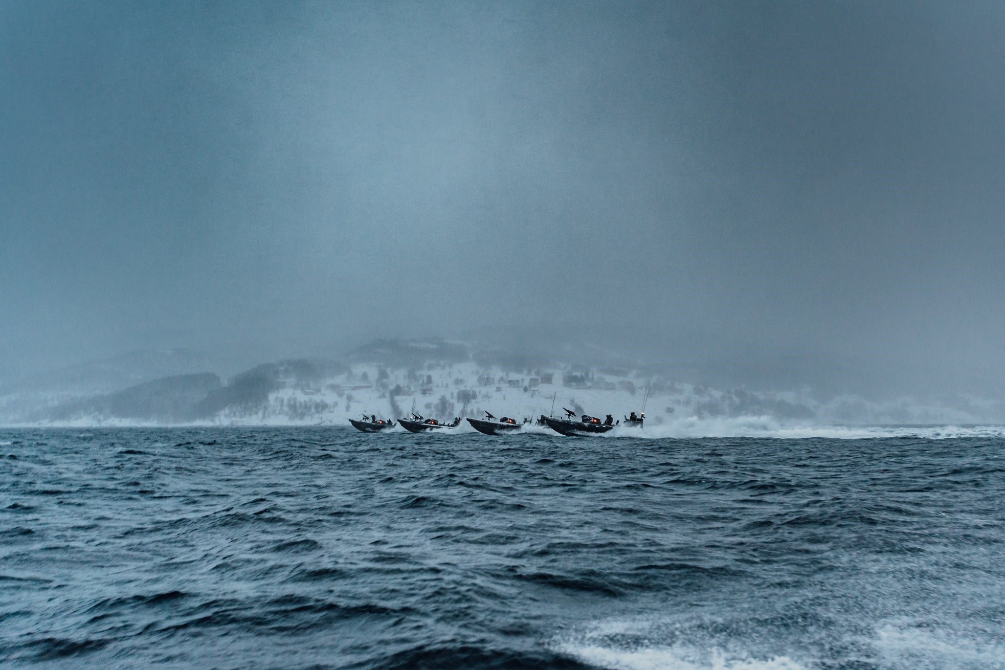 Military boats training in Norway during winter HD Wallpaper