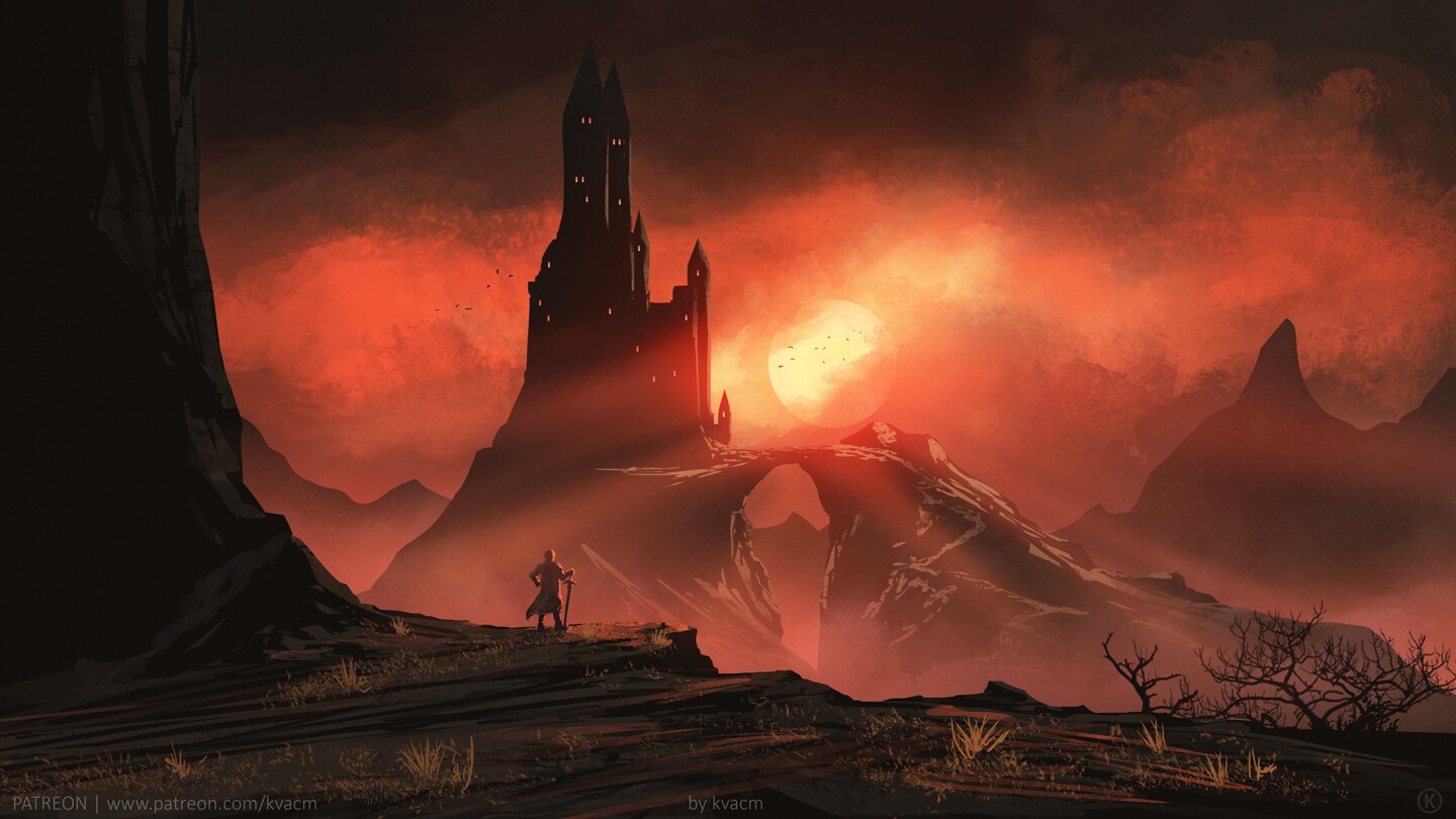 Fantasy castle on a mountain under a red sky HD Wallpaper
